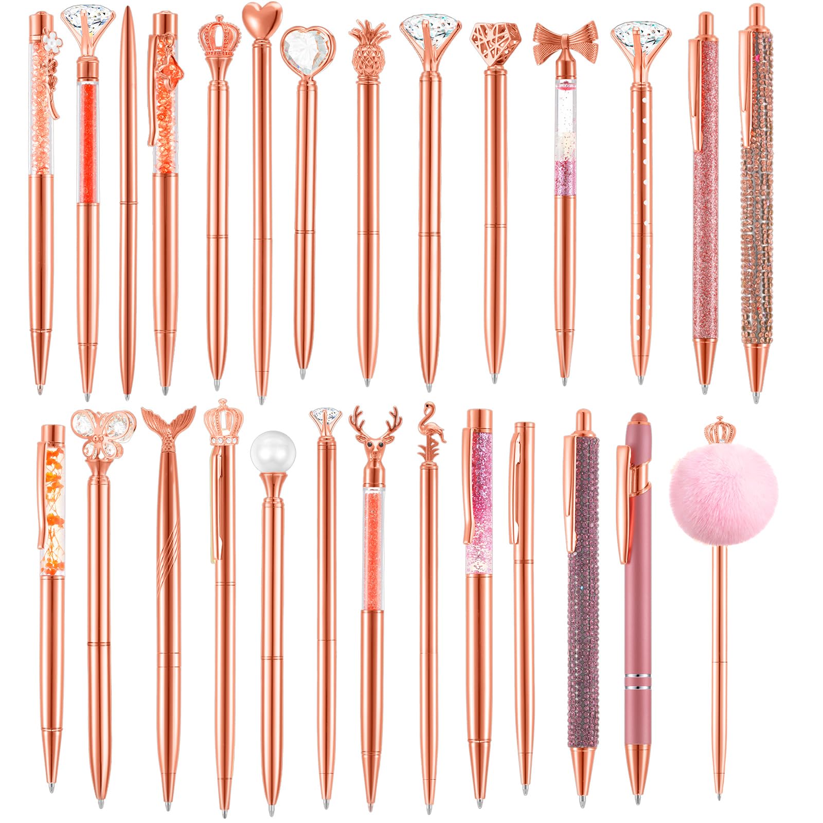 Qeeenar 27 Pcs Diamond Pens with Crystal Top Gold Pens Black Ink Bridal Shower Pretty Pens for Teacher Women Metal Ballpoint Cute Office Pen for Girl Journaling Wedding Adult School Decor (Rose Gold)