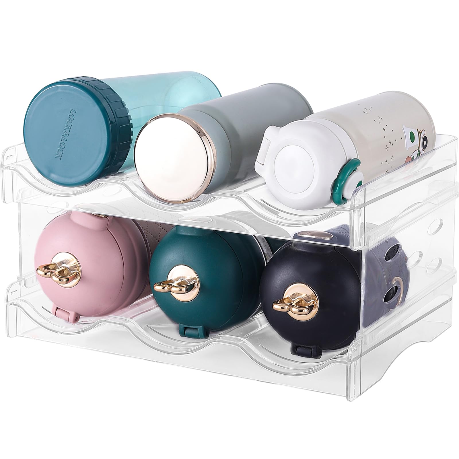 2 Tier Stackable Water Bottle Organizer for Cabinet - Premium Clear Holder for Tumbler, Travel Bottle, Wine Rack Display - Home Kitchen Pantry Refrigerator Organization and Storage - Hold 6 Bottles-image-44