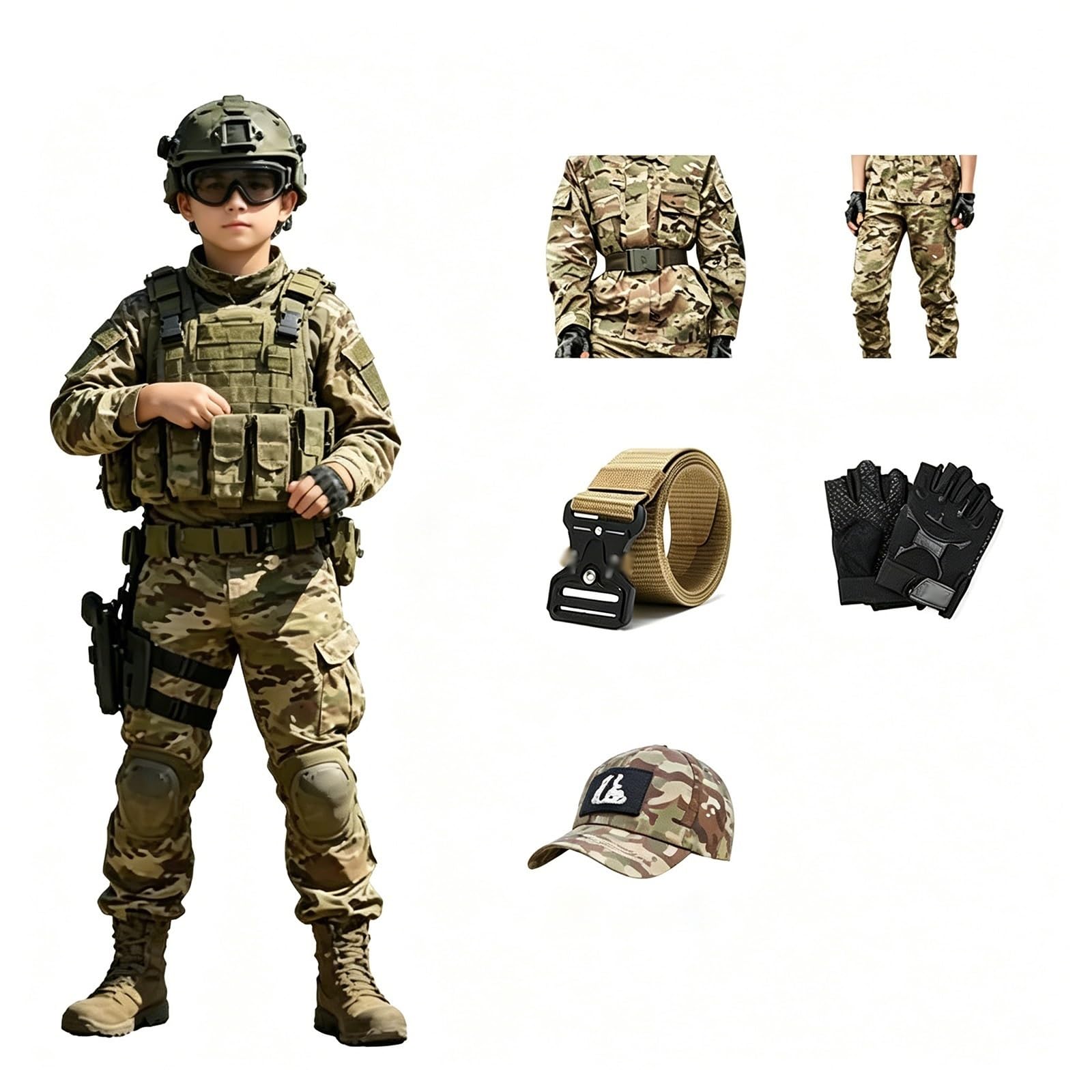 Costume Militare for Bambini, Set Soldato Esercito con Accessori, Outfit for Gioco di Ruolo, Regalo for Halloween e Compleanno