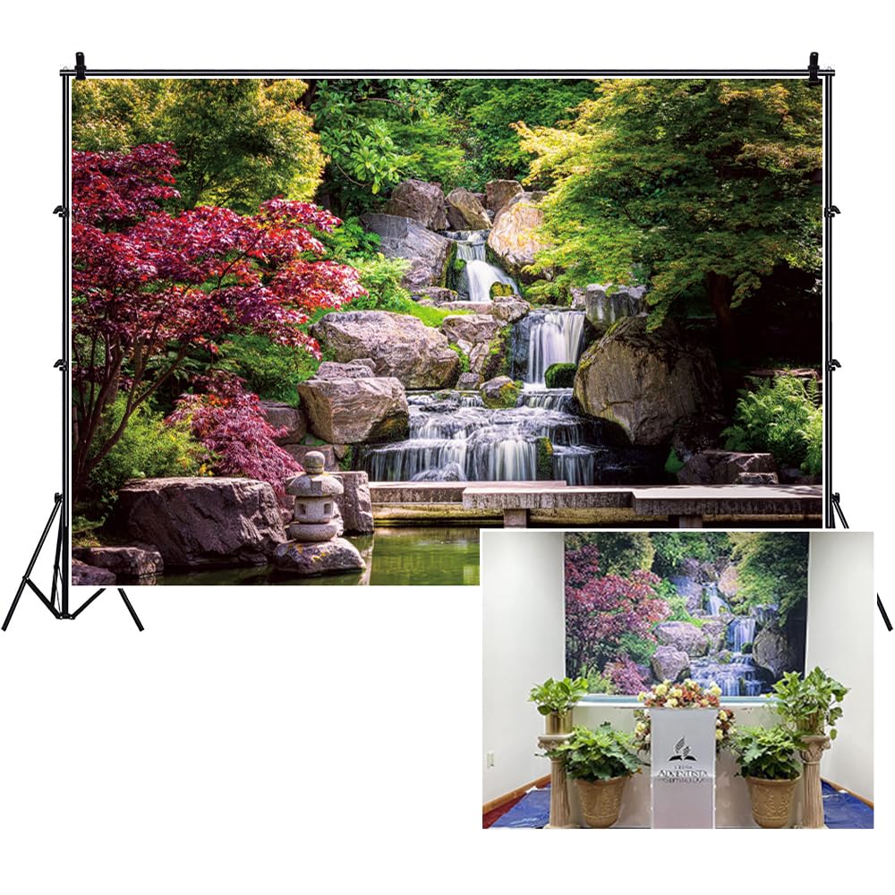 DORCEV 8x6ft Japan Garden Landscape Backdrop Retro Style Park View Photography Background Waterfall Maple Trees Bridge Kyoto Garden Travel Children