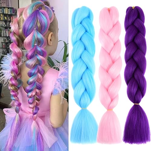 Paquete de 3 extensiones de cabello trenzado de colores de 24 pulgadas para trenzas, extensiones de cabello sintético para trenzar púrpuraazul