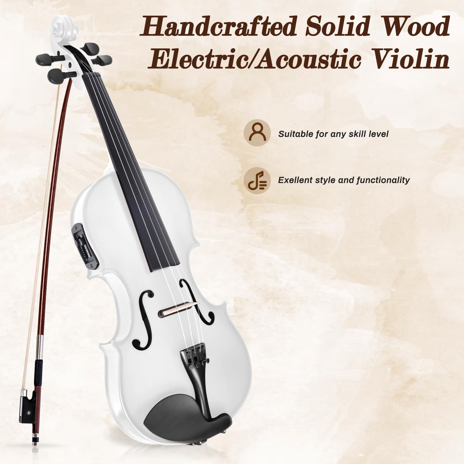 Violino elettrico/acustico con accessori in ebano con custodia per il trasporto, archetto per violino, ponte, colofonia, spalliera, adesivi, accordatore, istruzioni, artigianato con acero, abete rosso