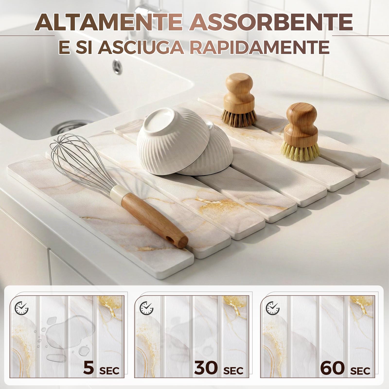 Tappetino Scolapiatti in Diatomite 40 x 30 cm, Tappetino Scolapiatti Assorbente Cucina, Assorbente e Asciugatura Rapida (Bianco Oro, con Porta Saponetta)