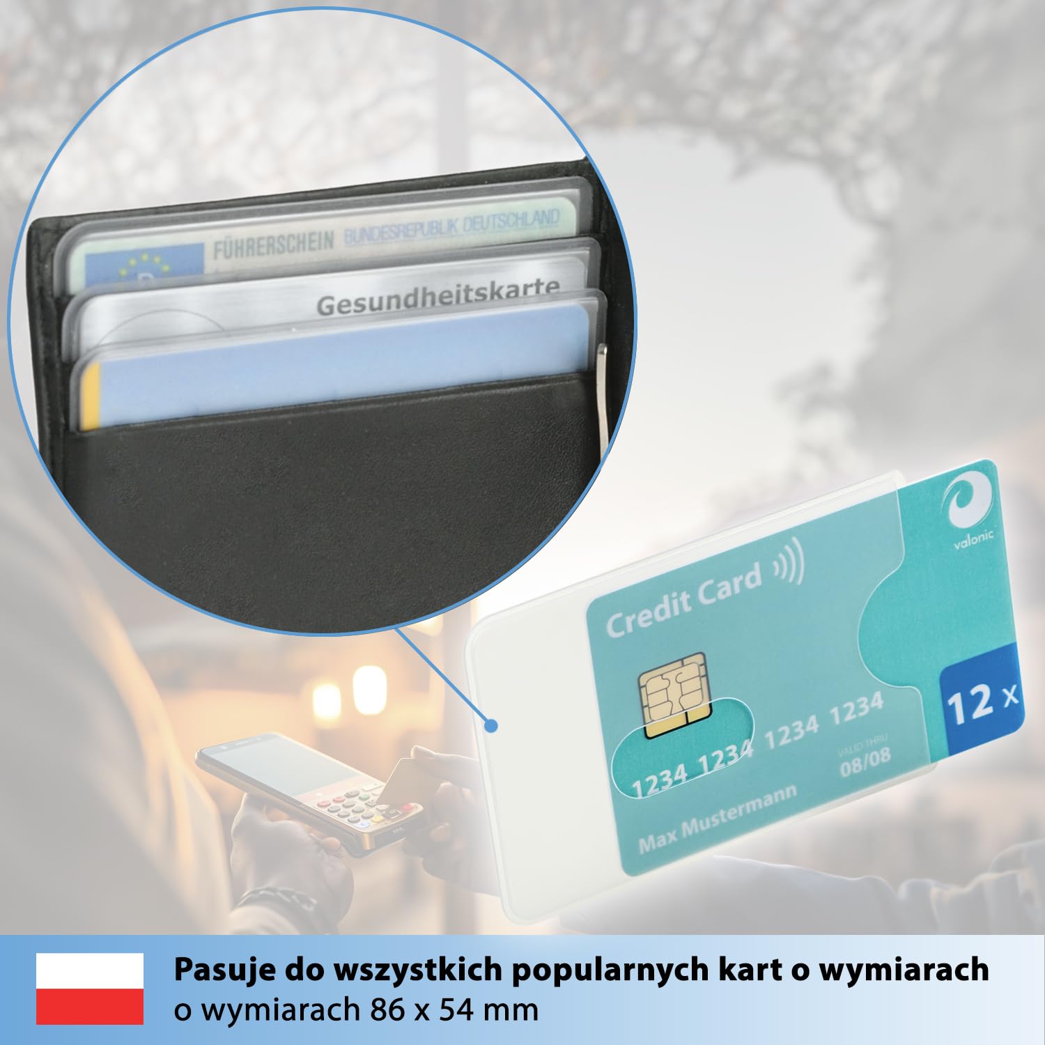 valonic osłona karty - 12 sztuk, wytrzymały plastik, wycięcie na otwór - matowa, przezroczysta - osłona do kart kredytowych i kart EC