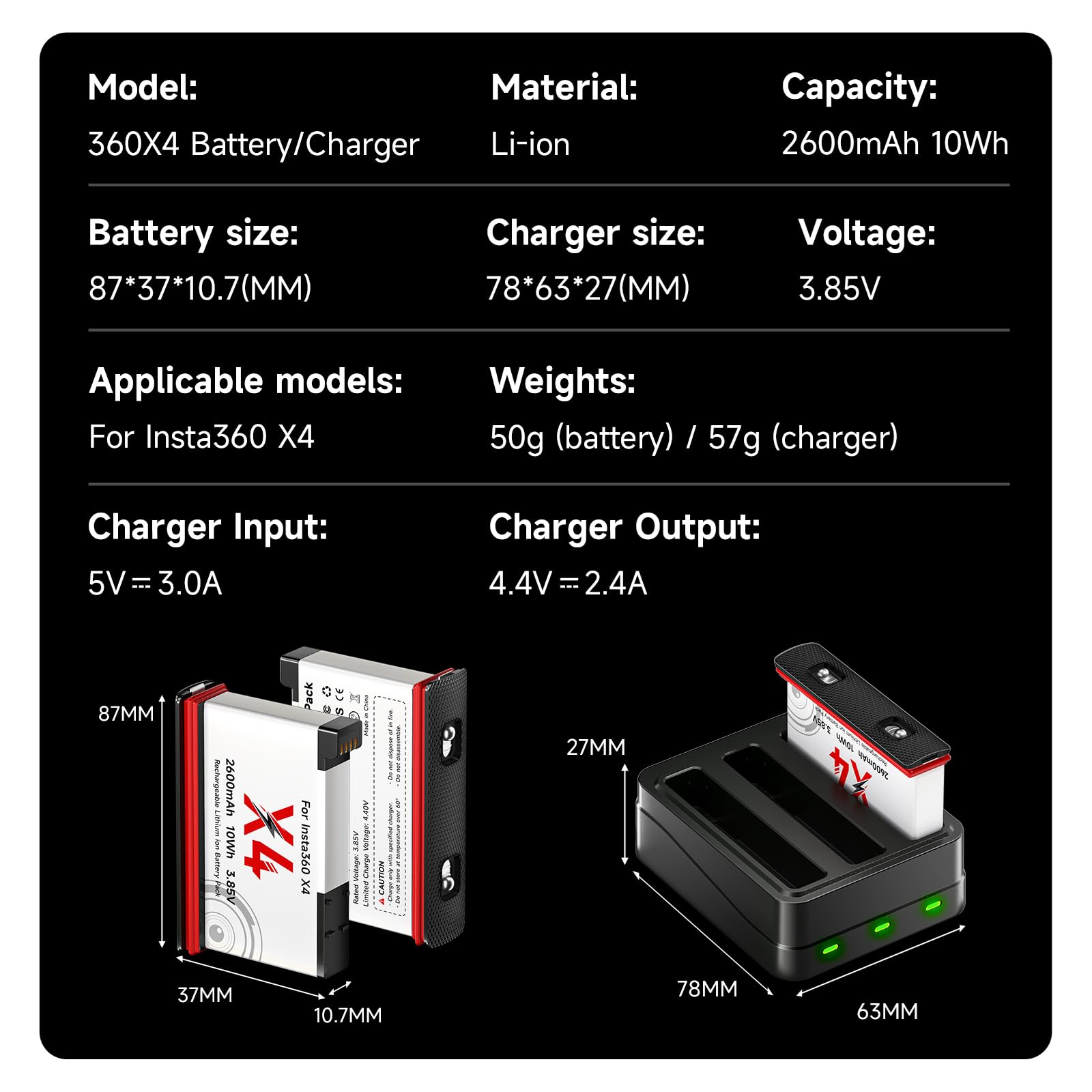 360X4 Batteria Caricabatterie Kit – 3Pcs batterie 2600mAh da 360 X4 e 3 canali LED X4 caricabatterie tipo C per fotocamera 360 One X4