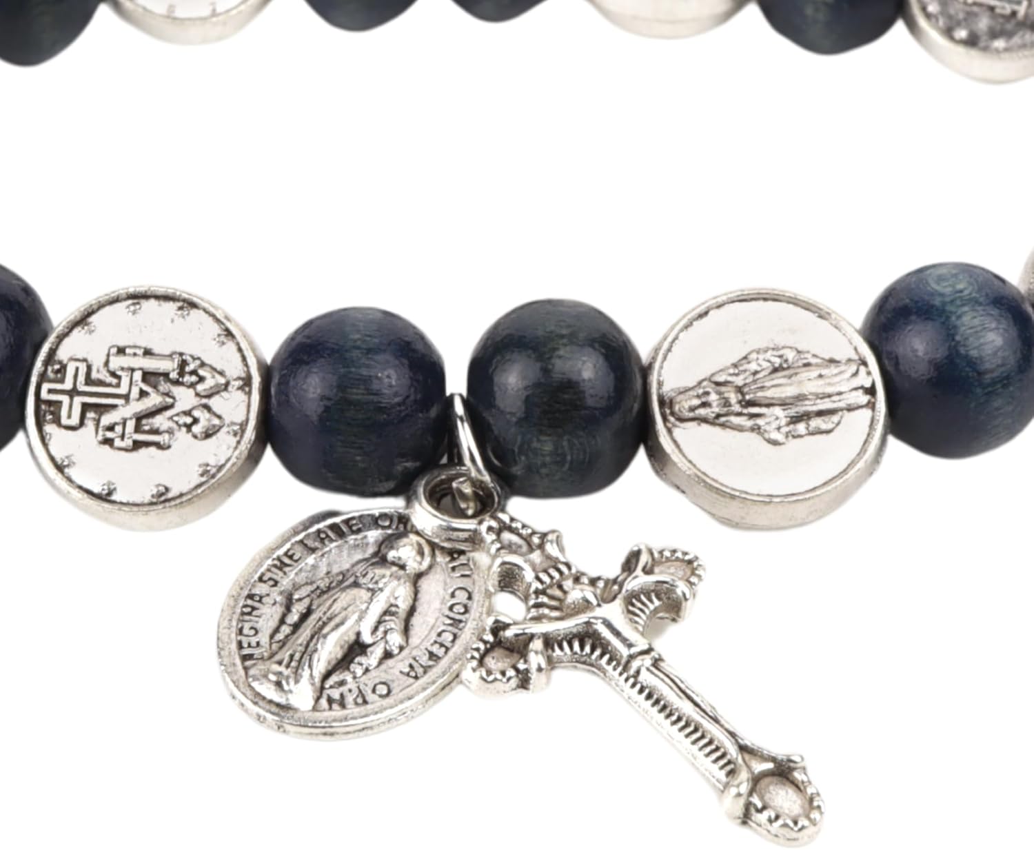 Needzo Miraculous Medal Rosary Bracelet, Blue Wooden Beads with Metal Crucifix, Catholic Jewelry Gift, 7.5 Inches - Image 6