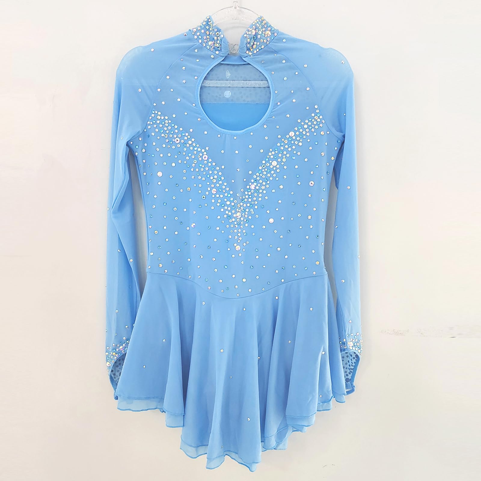 LIUHUO Falda de patinaje artístico azul claro Rendimiento de la competencia de la manga del dedo del diamante brillante