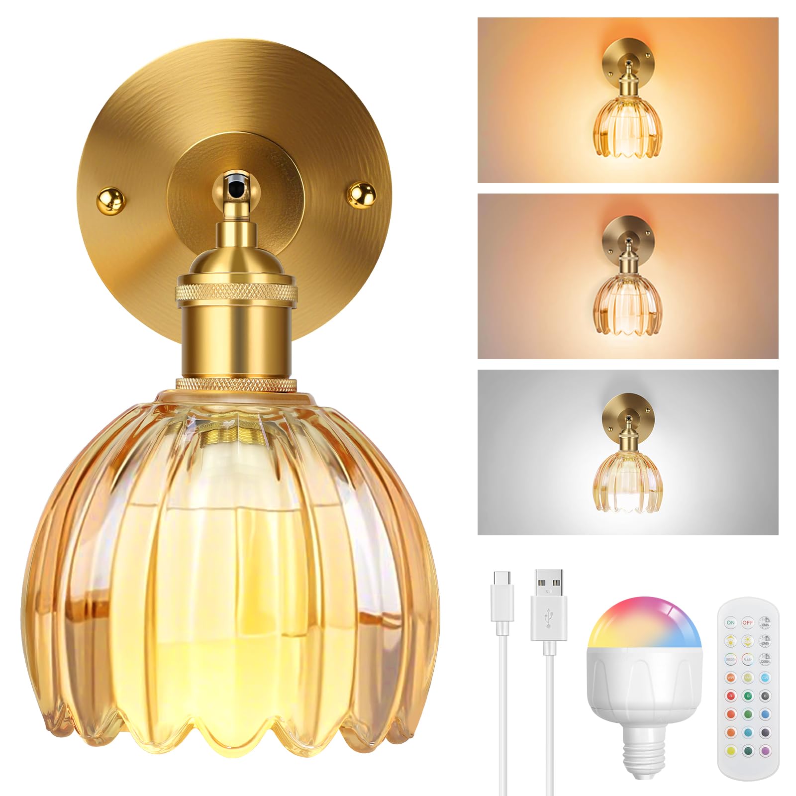 SXWNBIFH Vintage Rechargeable Wall Sconces, Battery Operated Wall Lights with Remote & Detachable RGB Bulbs, 3 Color Temperatures, Wireless Dimmable Sconce for Bedroom, Living Room, Hallway