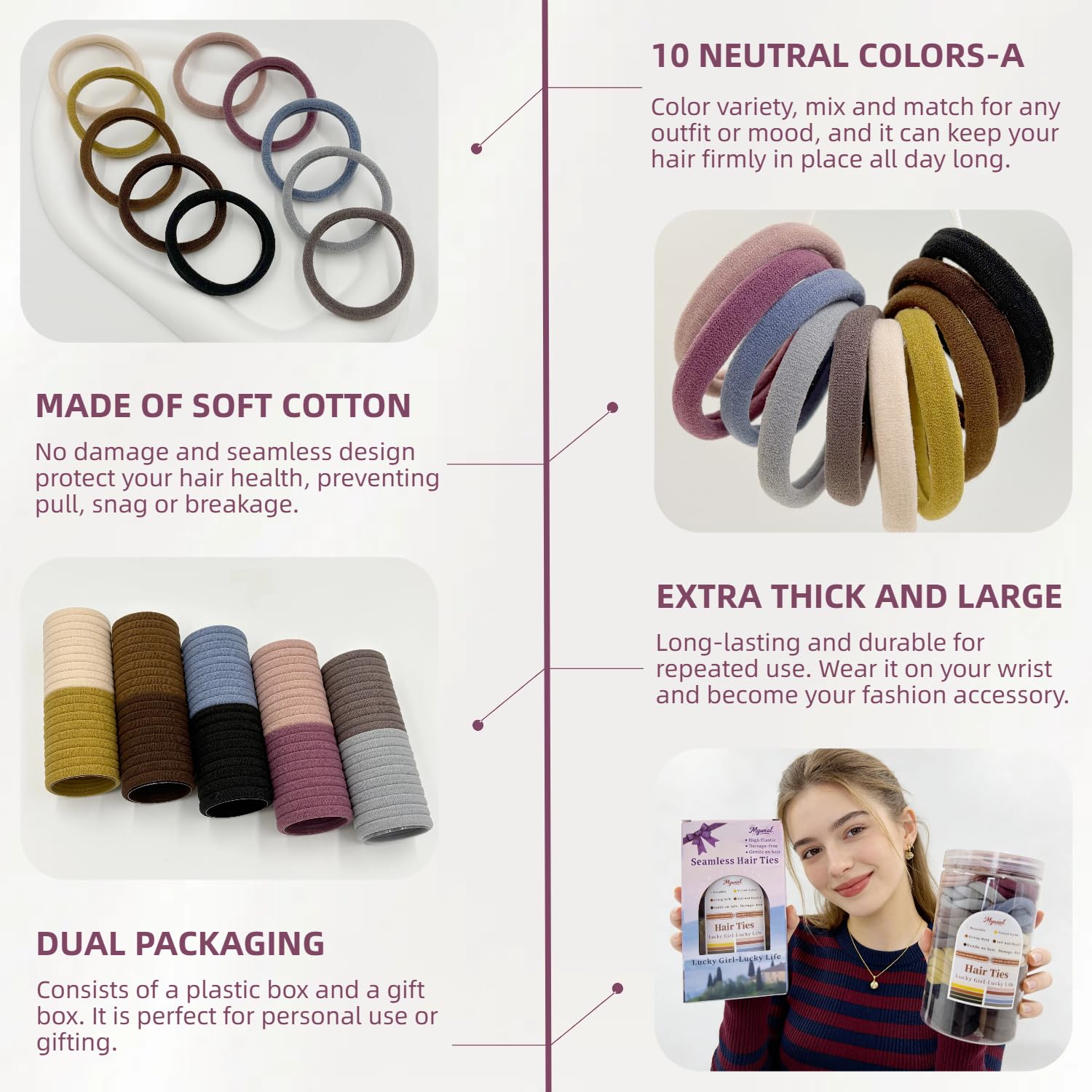 100 PCS Nylon Hair Ties No Damage,Extra Thick Large 2 Inch(5CM), Seamless Hair Bands for Women Girls Thick Hair Ponytail Holders,Elastic Scrunchies,Head Bands Fashion Accessories (10 Neutral Colors-A)