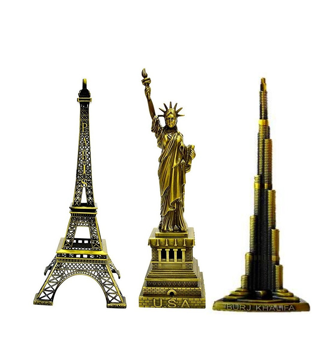 Lilone Metal Combo Paris Eiffel Tower Statue of Liberty Burj Khalifa for Home Decoration, Metallic Color, 15cm Height