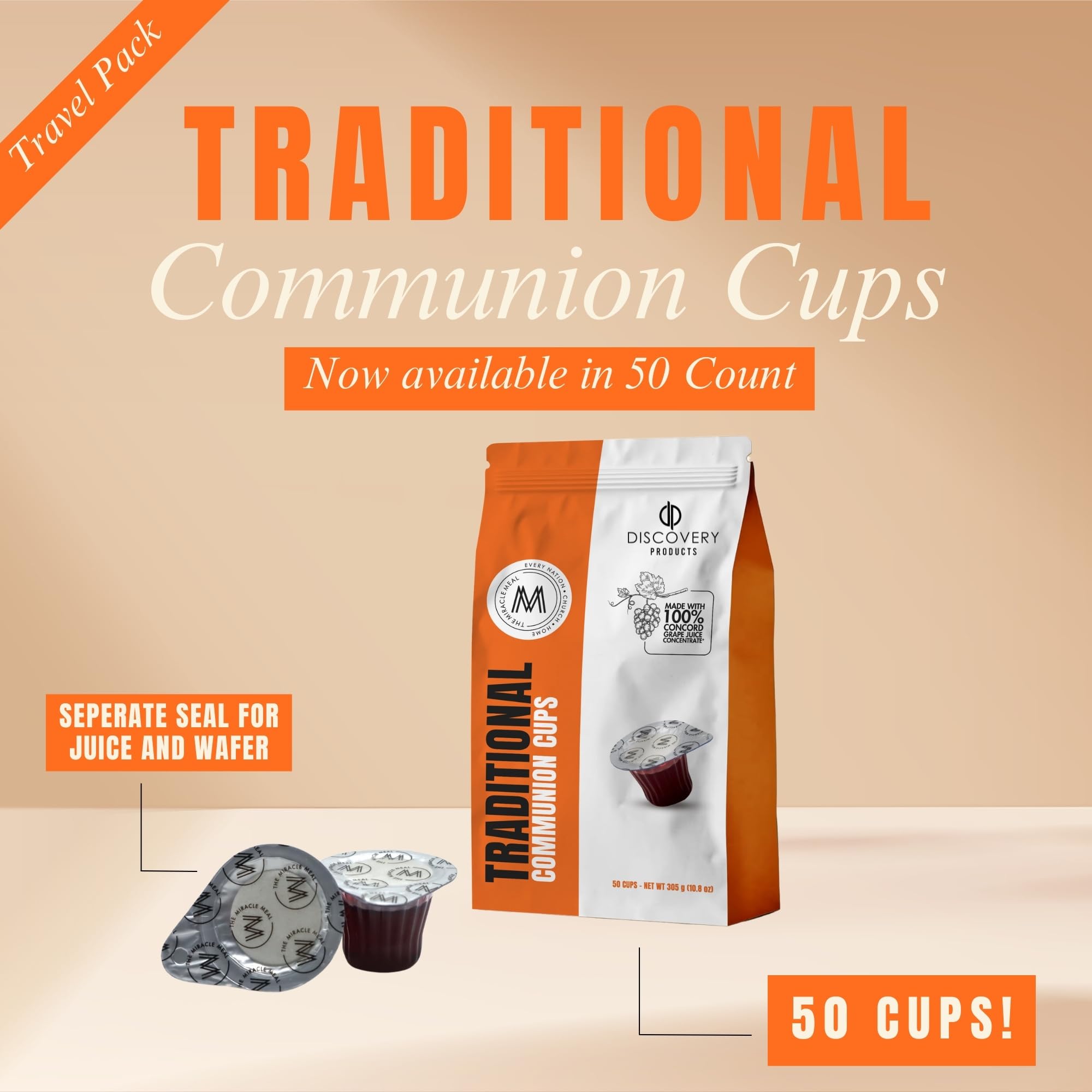 Travel Pack - Pre-Filled Traditional Communion Cup - Bag of 50 with Wafer and 100% Concord Grape Juice