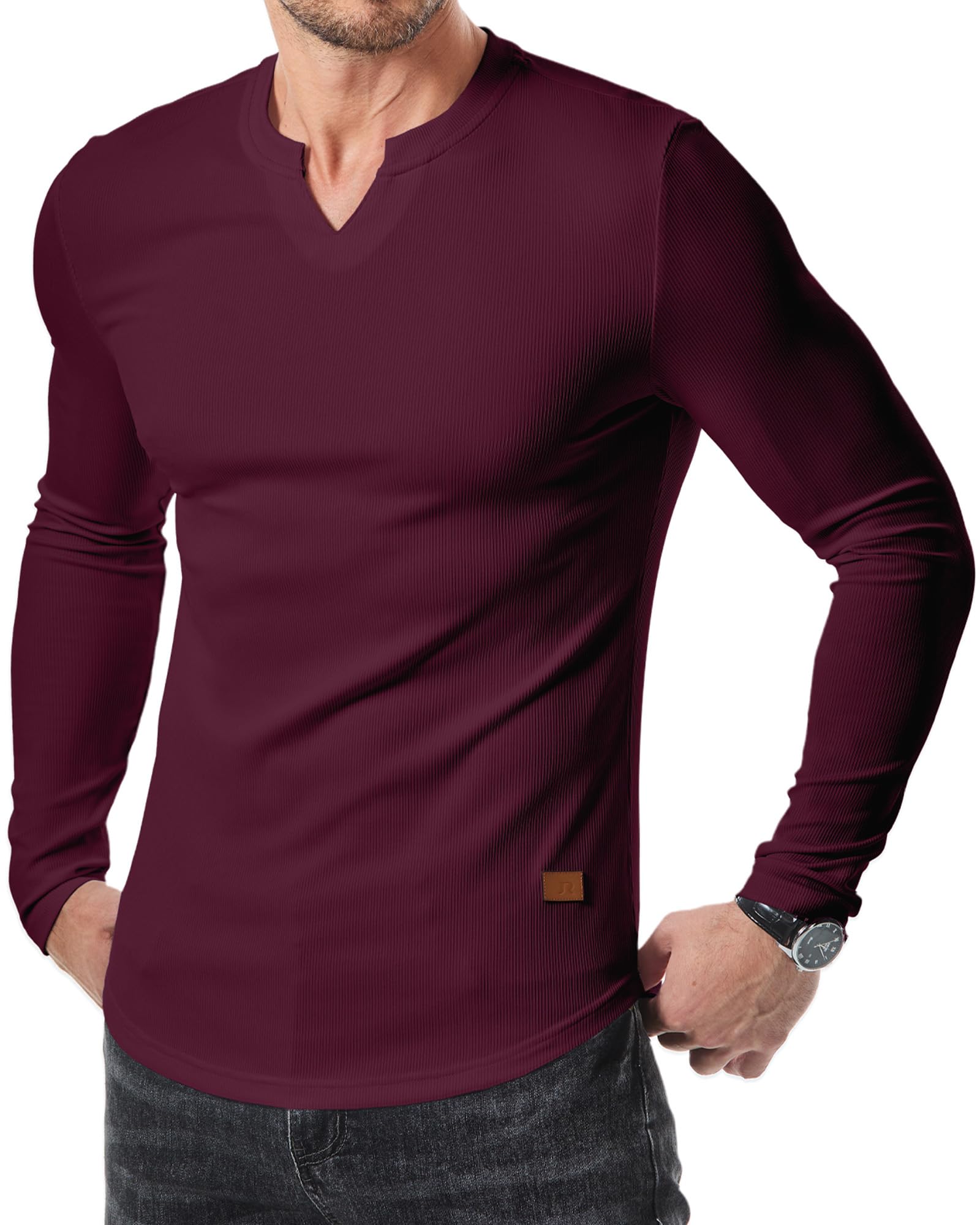 JMIERR Mens Long Sleeve Muscle T Shirts Casual V-Neck Longline Ribbed Tee Shirts