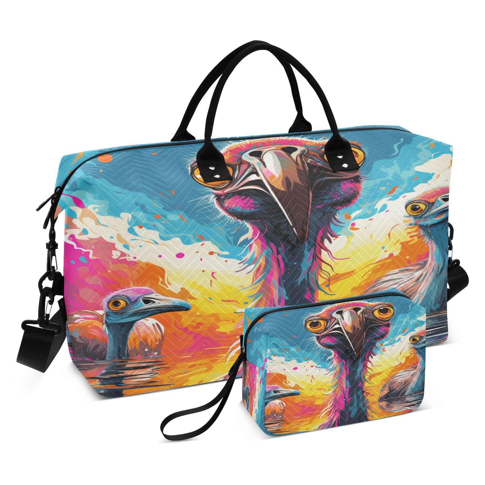 Aquarell Strauße Cartoon-Kunst Sporttasche Handtasche mit Make-up Aufbewahrungstasche Badetasche für Reisen Mädchen Männer