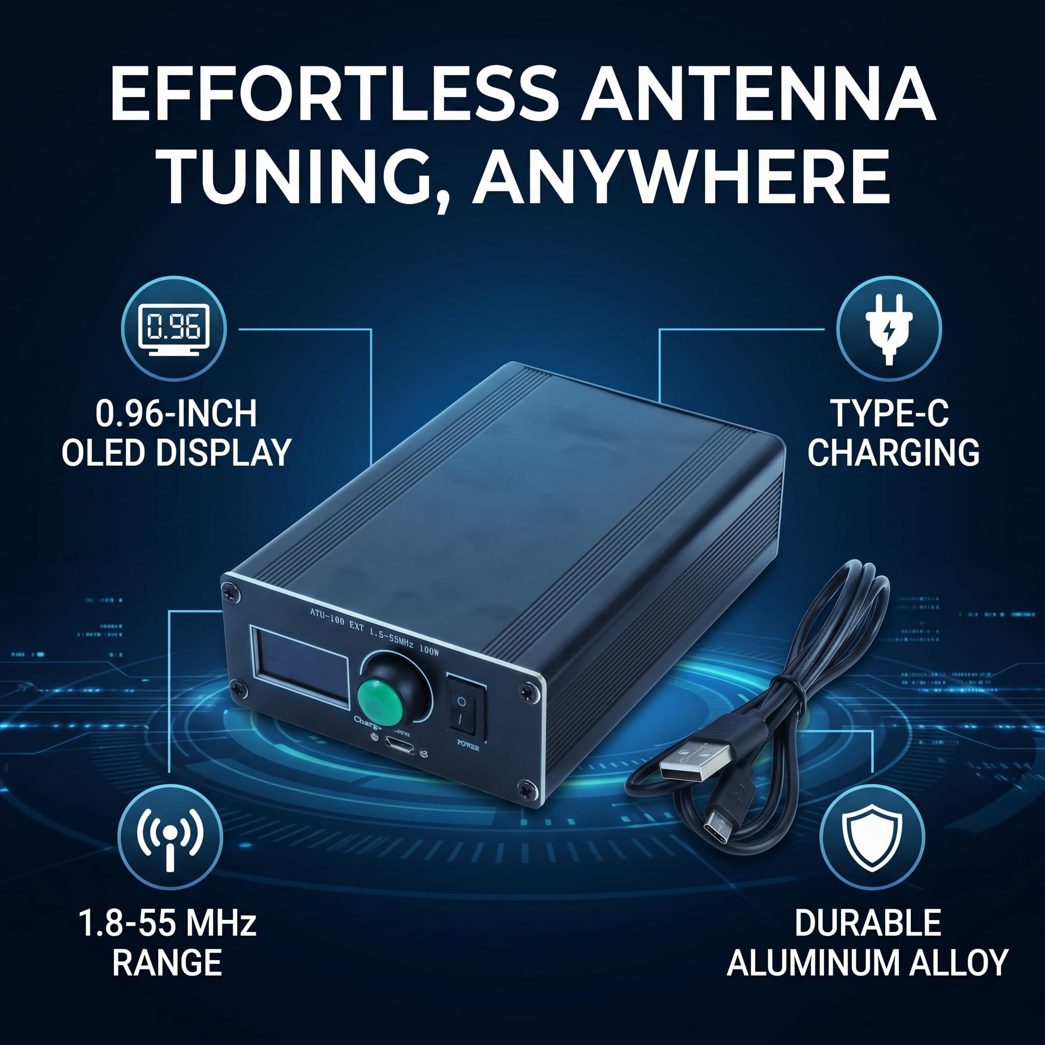 Sintonizador de Antena ATU‑100 Mini Automático para Equipos de Radio 1,8~55 MHz 0,96 Pulgadas con Carcasa