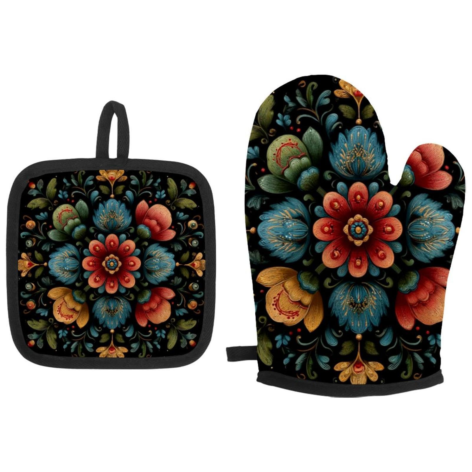 Gants de four Norwegian Rosemaling et maniques résistants à la chaleur pour cuisine