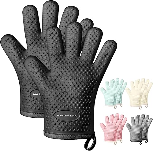 MAD SHARK Guantes de horno de silicona resistentes al calor, 450 grados, guantes de horno impermeables y antideslizantes con dedos, guantes de horno