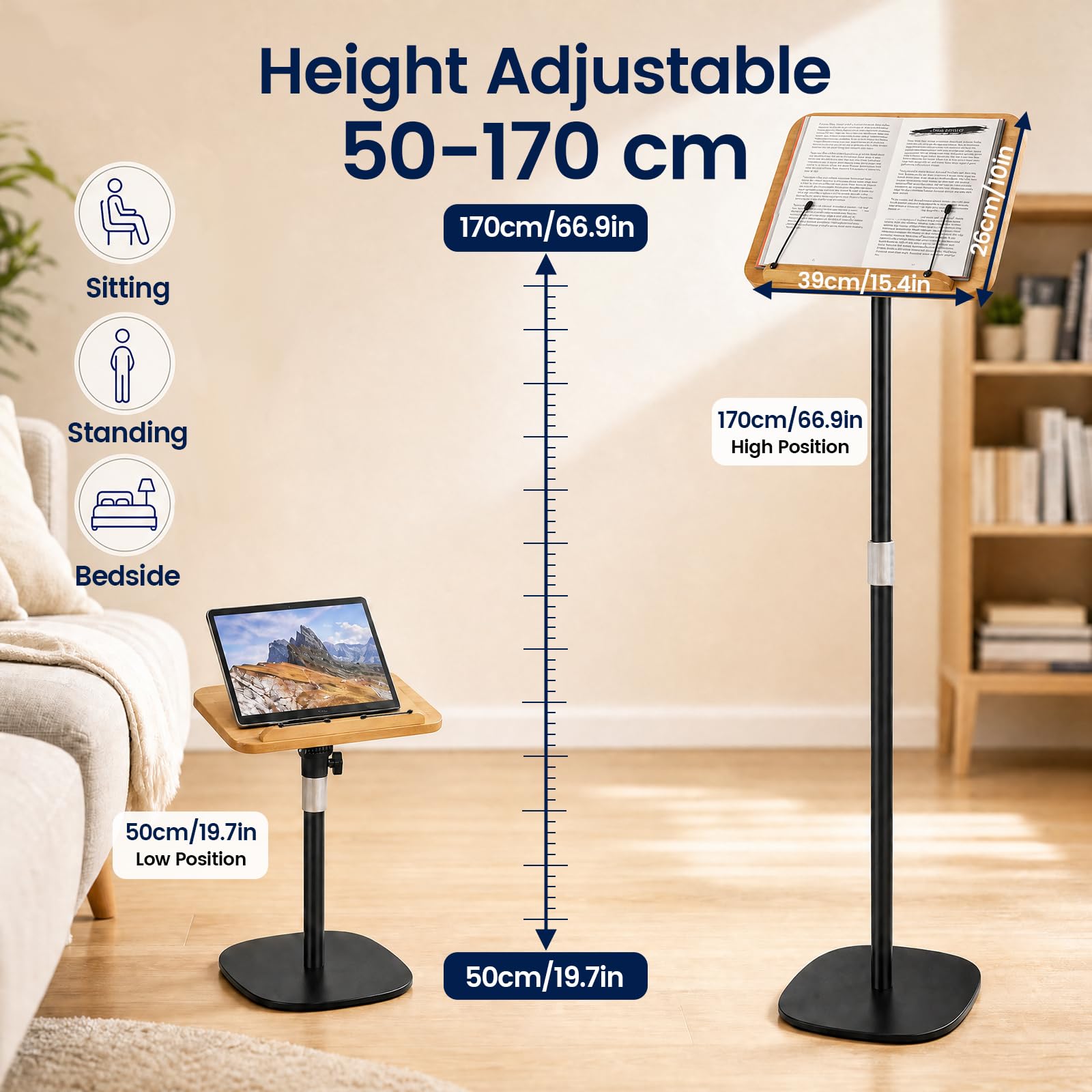 Supporto per libri da pavimento con graffette per pagina, altezza regolabile da 50 a 165 cm, supporto per ricette in legno, supporto per lettura a mani libere, per podio, laptop e proiettori
