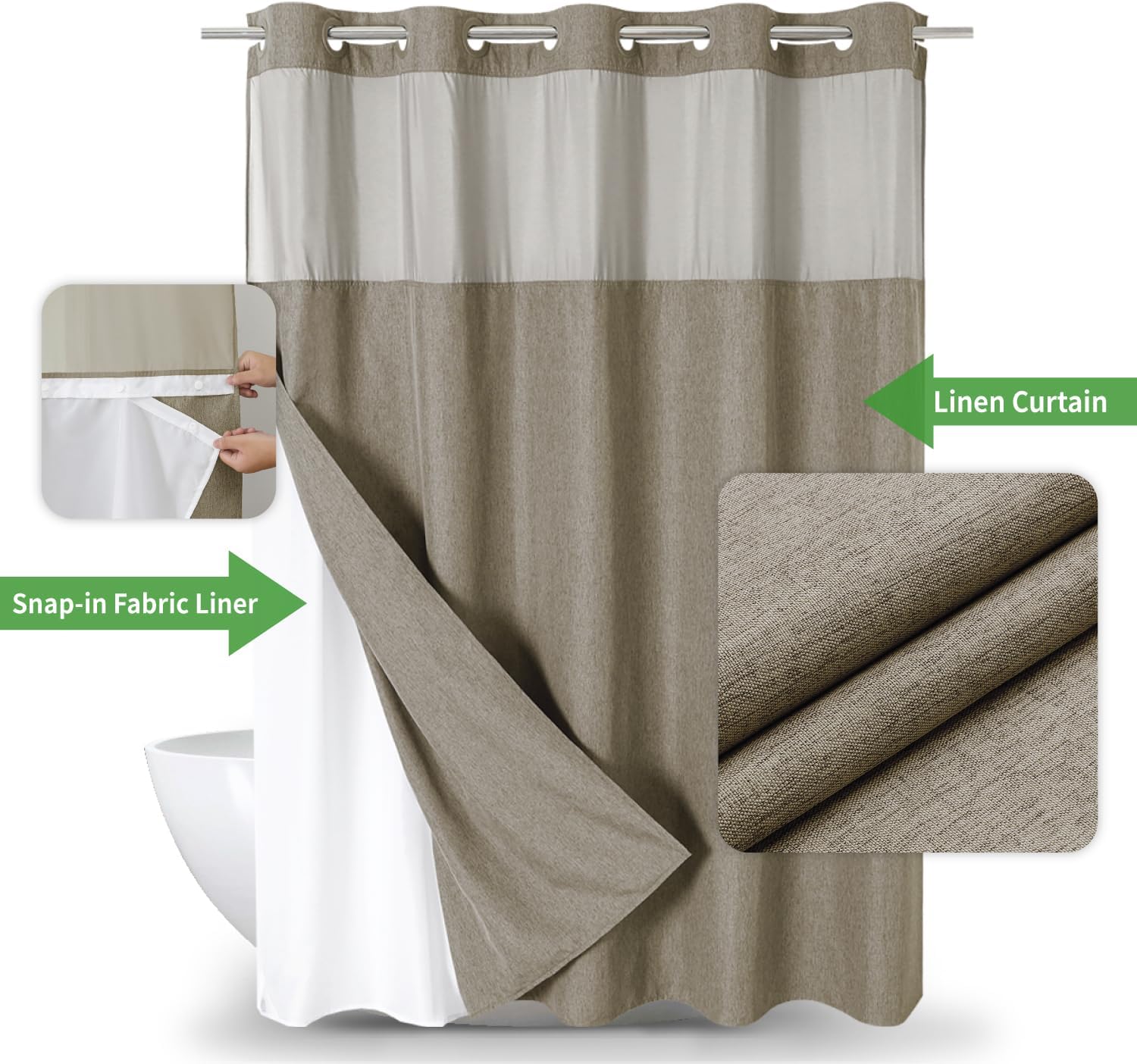 Extra Long No Hooks Needed Linen Textured Shower Curtain with Snap-in Fabric Liner Set,Hotel Luxury Decor Shower Curtains for Bathroom,Waterproof & Washable,71Wx86H,Khaki/Tan
