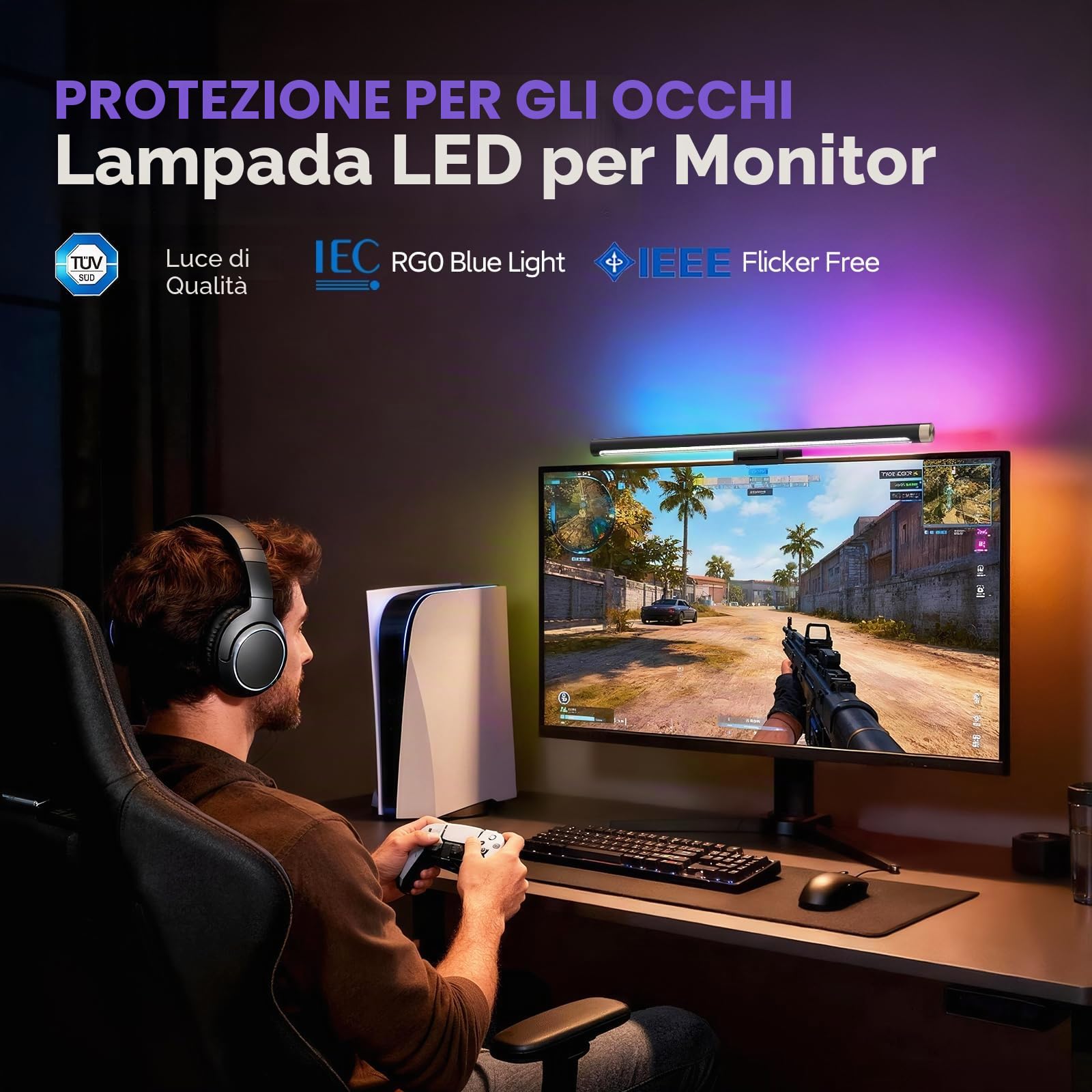 LYMAX Barra luminosa per monitor con retroilluminazione RGB, barra luminosa per computer per la cura degli occhi e lampada da scrivania a LED alimentata tramite USB, 45 cm, con memoria dimmerabile per