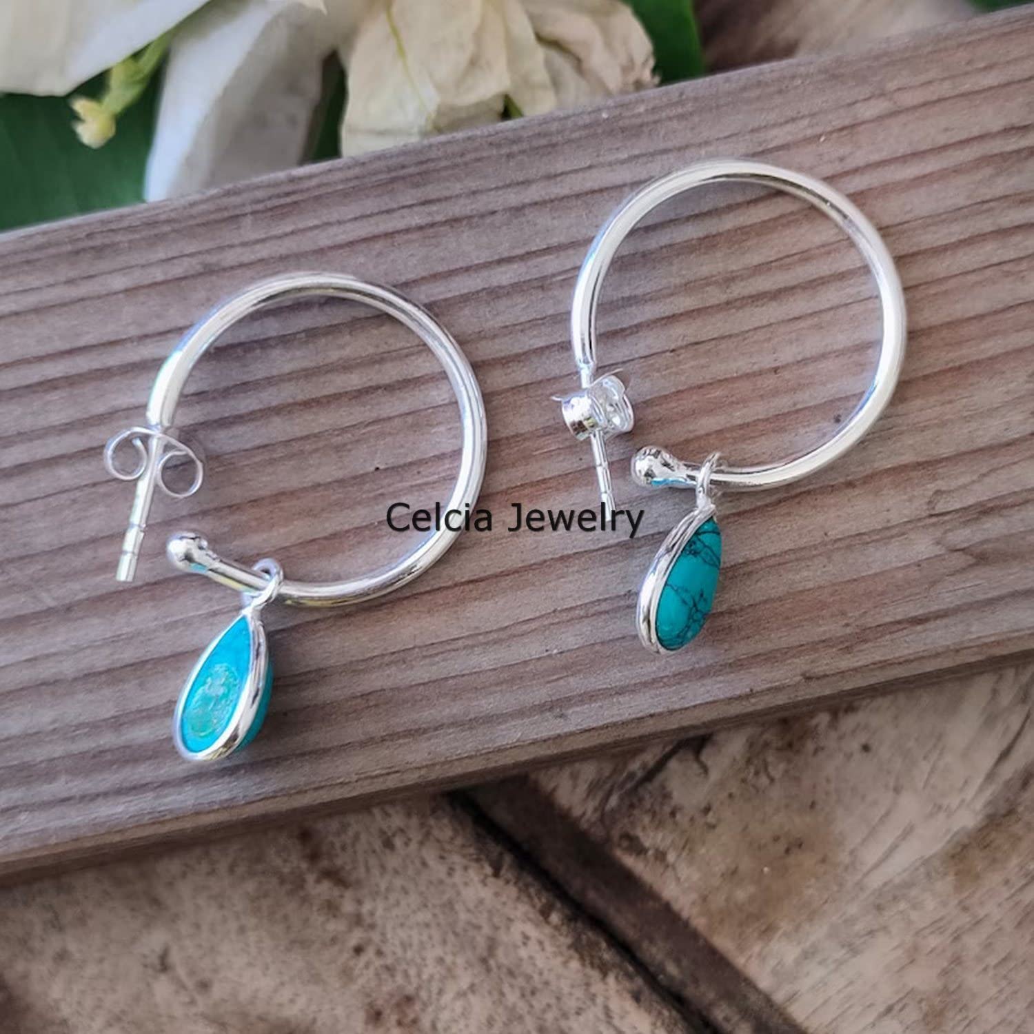 Pendientes de aro con forma de círculo de Plata de Ley 925 auténtica para mujer, piedra preciosa de pera turquesa Natural, joyería hermosa con piedra natal de diciembre