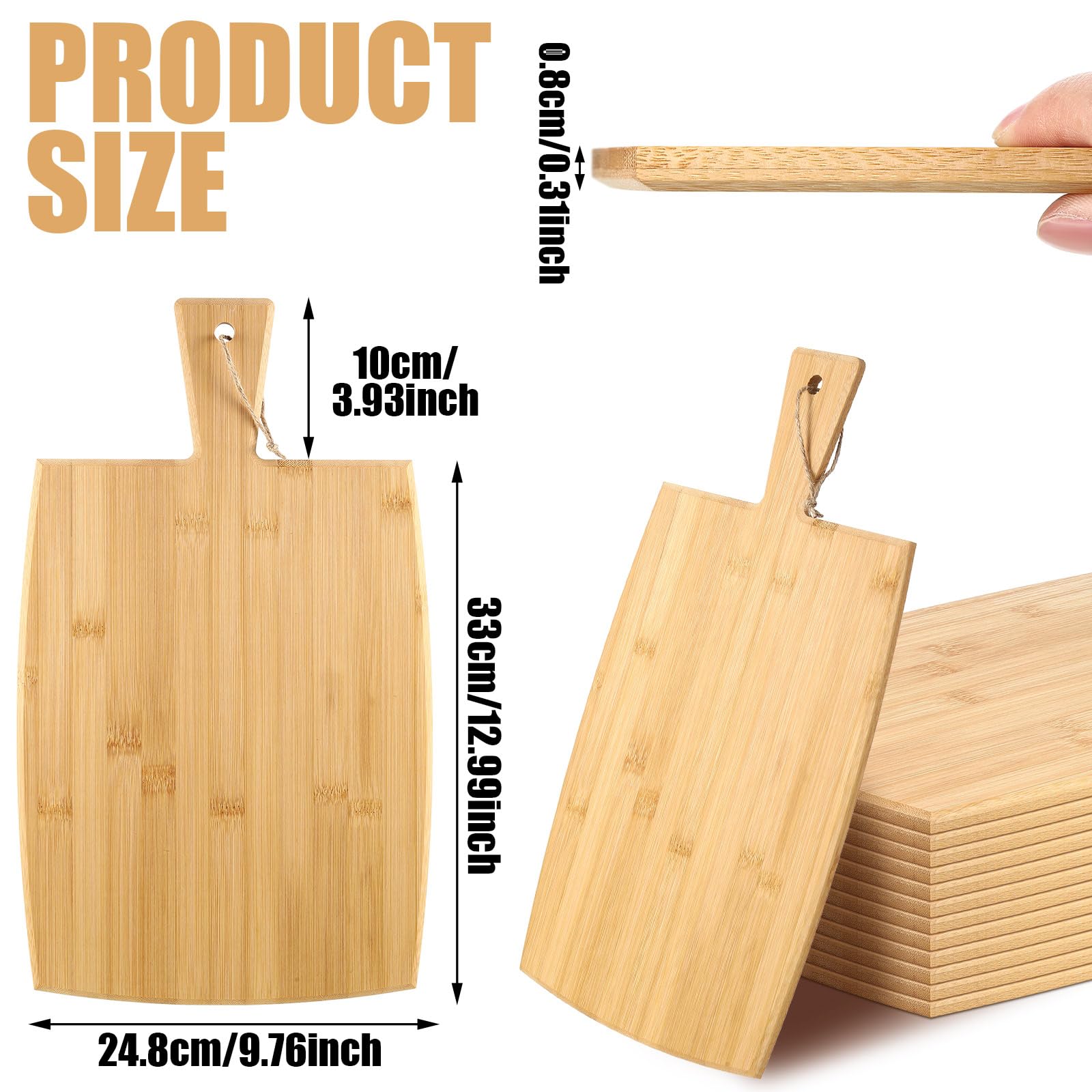 Juego de 12 tablas de cortar lisas con asas, tabla de servir grande de madera, tabla de cortar a granel para verduras, carne, pizza, queso, pan de frutas (17 x 10 pulgadas, bambú)