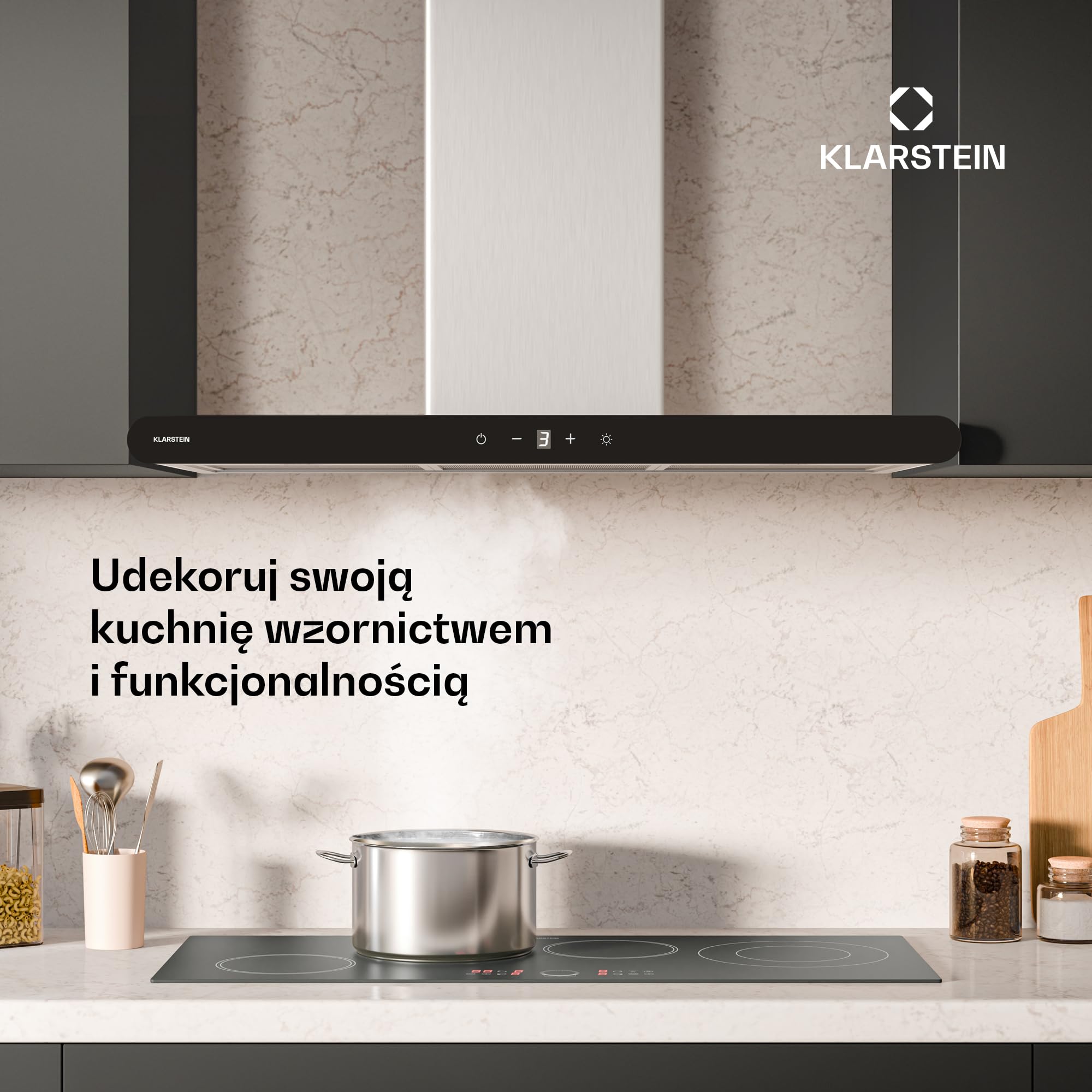 Klarstein CurveVent okap kuchenny – 90 cm, strumień powietrza 700 m³/h, energooszczędność A+, obsługa dotykowa, oświetlenie LED, 56 dB, czarny, filtr powietrza wylotowego i węglowego