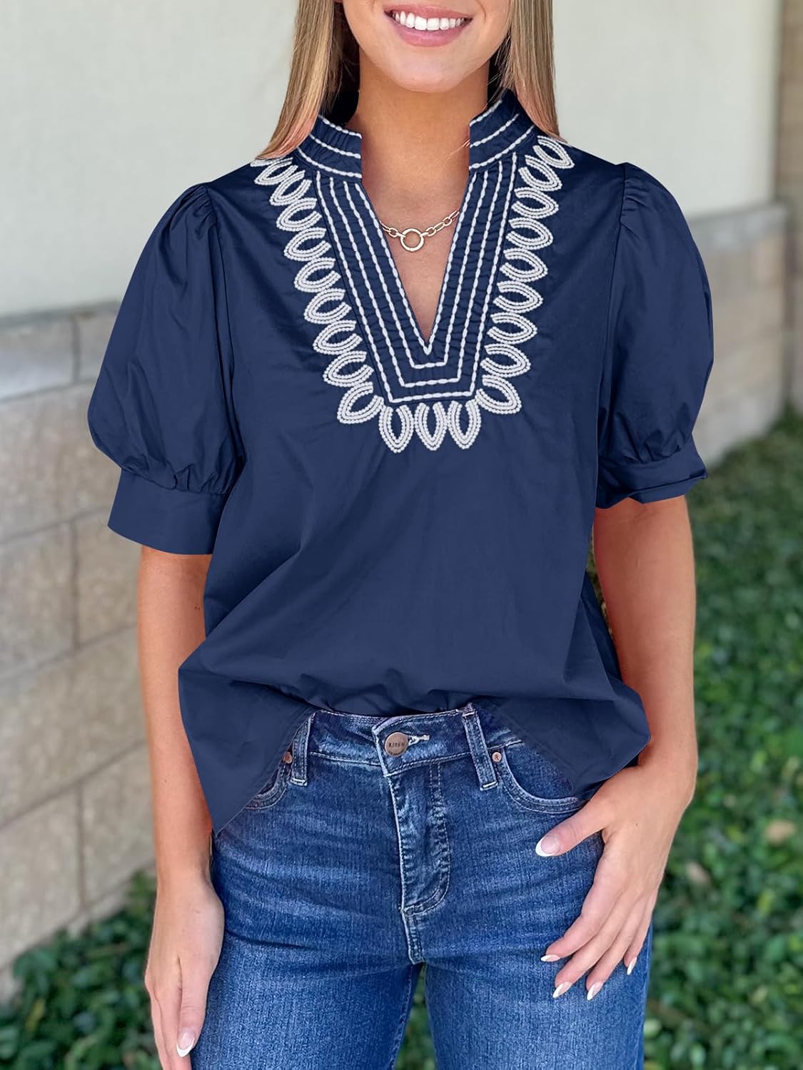 Cicy Bell Womens Puff Short Sleeve Blouses Summer Casual Dressy Embroidered V Neck Tops Loose Fit Tee Shirts