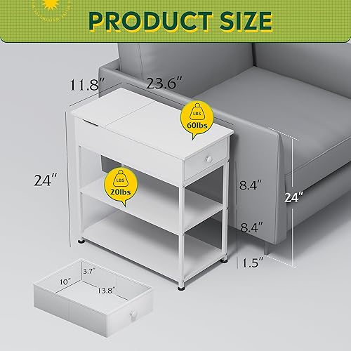 Miniatura 33 de WLIVE Mesa auxiliar estrecha con 2 puertos USB y 2 tomacorrientes, mesa auxiliar abatible con cajón y estantes de almacenamiento, soporte auxiliar