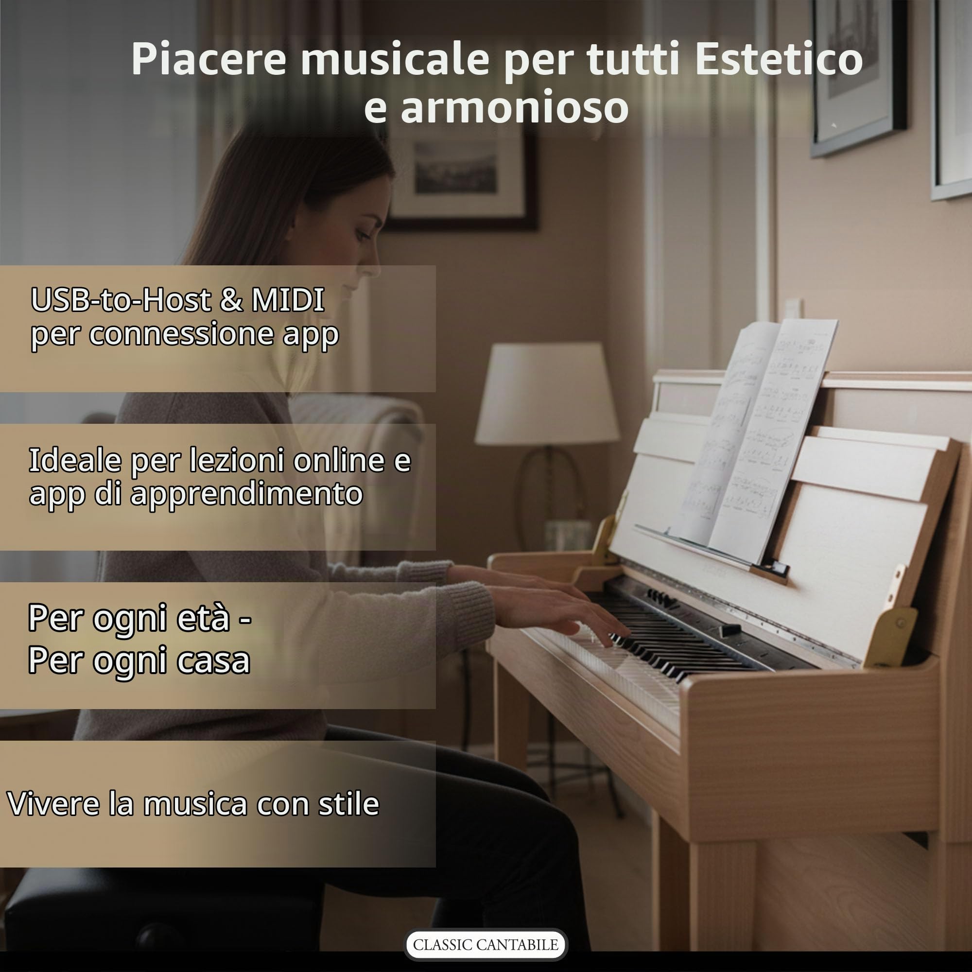 Classic Cantabile UP-1 LA Pianoforte Verticale Digitale - 88 Tastiera pesata - Pianola musicale con USB, MIDI, 256 polifonia, 40 voci - Piano digitale Set con Panca e Cuffie - Quercia Chiara