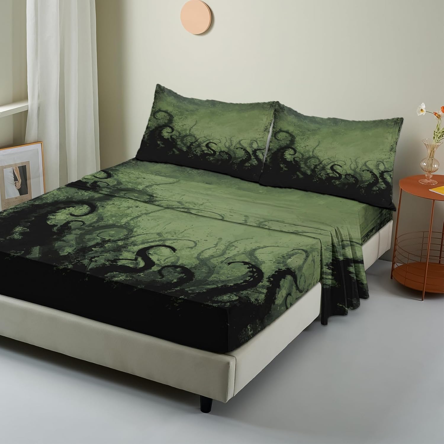 NOGAWA Gothic Octopus Sheets Queen Size, Kraken Tentacles Bed Sheets, Goth Witchy Bedding Sheets, Pillowcases 4 Piece Set, Microfiber Deep Pocket Fitted Sheet, Flat Sheet, 2 Pillow Cases