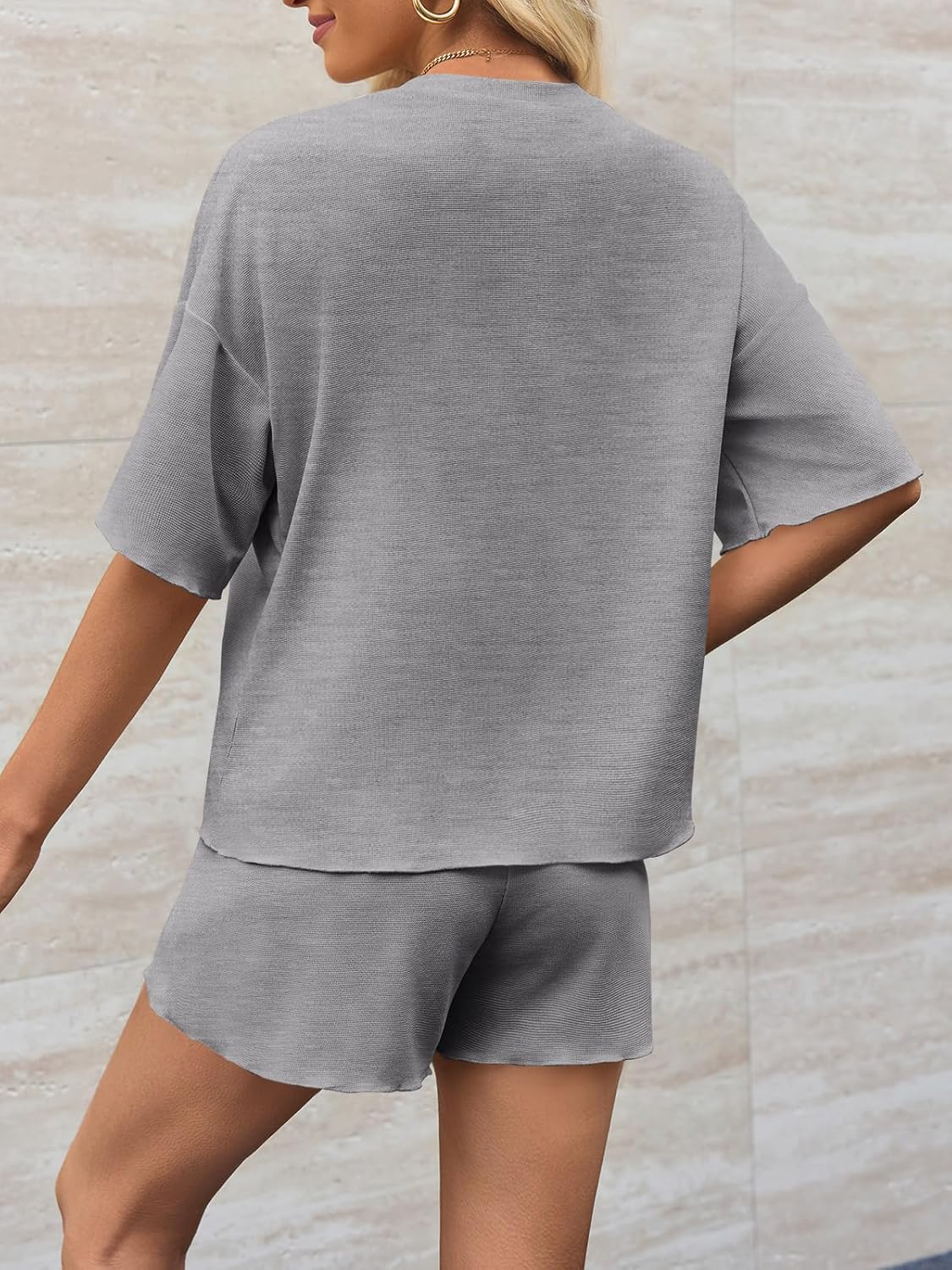 Tankaneo Womens Lounge Set 2 Piece Outfits Wallfe Knit Short Sleeve T-shirts Tops and Shorts Summer Pajama Sets - Image 2