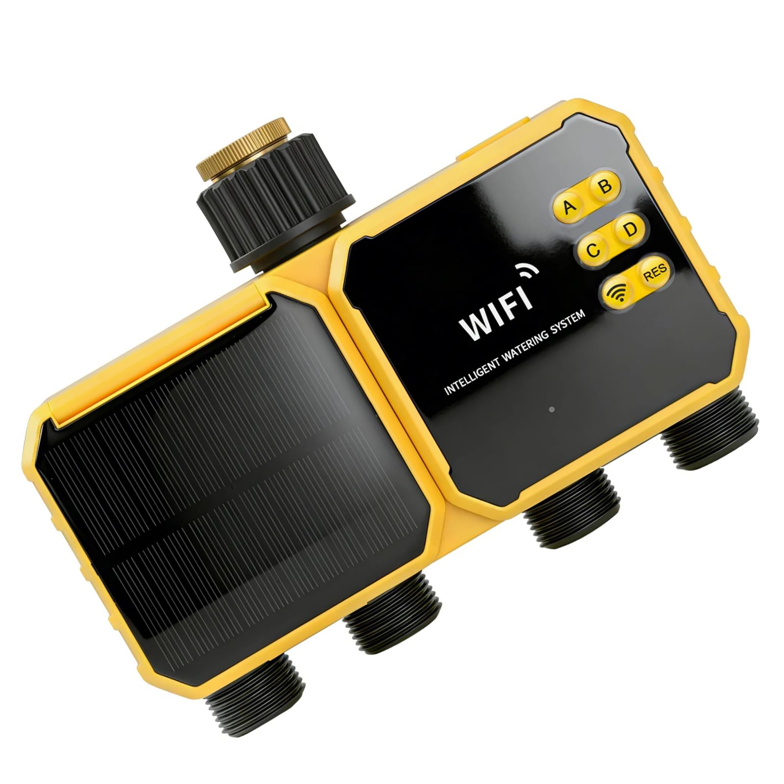 Hyuduo Sprinkler-Timer, 4-Zonen-Solar-WiFi-Wassertimer mit APP-Fernbedienung, Regenerkennungsfunktion, 90° Verstellbares Bedienfeld für die Rasen- und Gartenbewässerung (Zollgewinde 3/4")