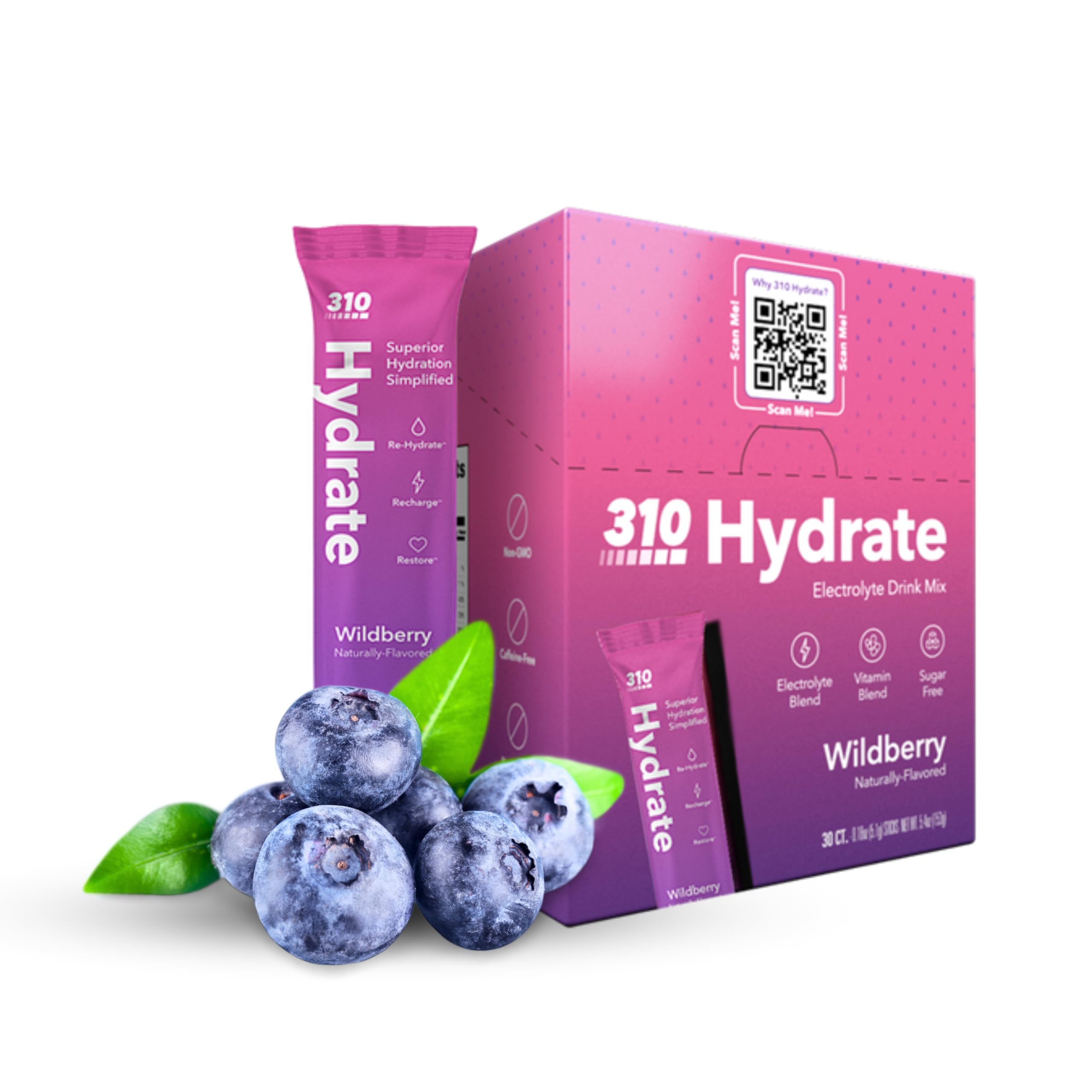 310 Nutrition Sugar Free Electrolytes Powder - Instant Hydration Packets for Daily Fluid Balance - Caffeine-Free Rehydration Drink Mix w/ Vitamins, Low Calorie & Keto Friendly - Wildberry 30 Singles