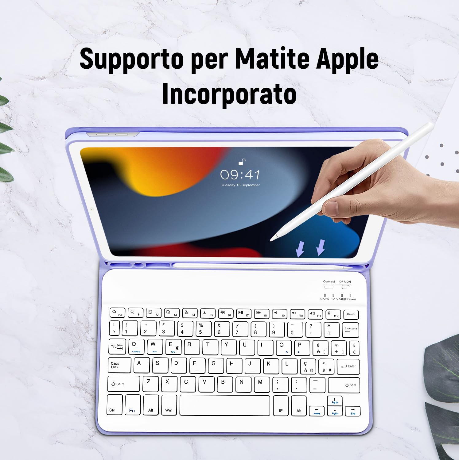 Lielax Custodia con Tastiera per iPad 10.2 2021/2020/2019(9a, 8a e 7a Gen)/iPad Air 3 /iPad Pro 10,5, Italiano QWERTY Rimovibile Bluetooth Tastiera, Custodia con Supporto Pencil per ipad 10,2-Porpora