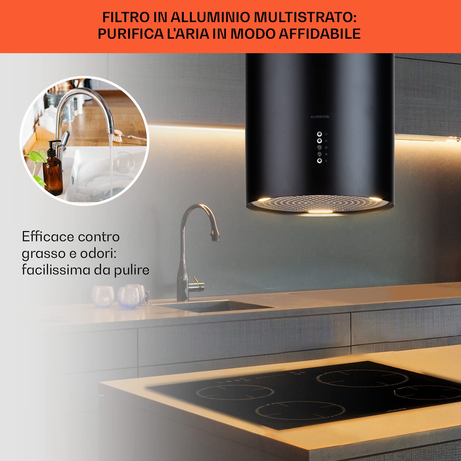 Klarstein Cappa Aspirante, Cappa Cucina con Timer e Flusso d'Aria di 600m³/h, Cappa Sospesa per Isola Cucina con 3 Modalità e Filtri Antigrasso, Cappa Isola Sottopensile con Filtri a Carboni Attivi