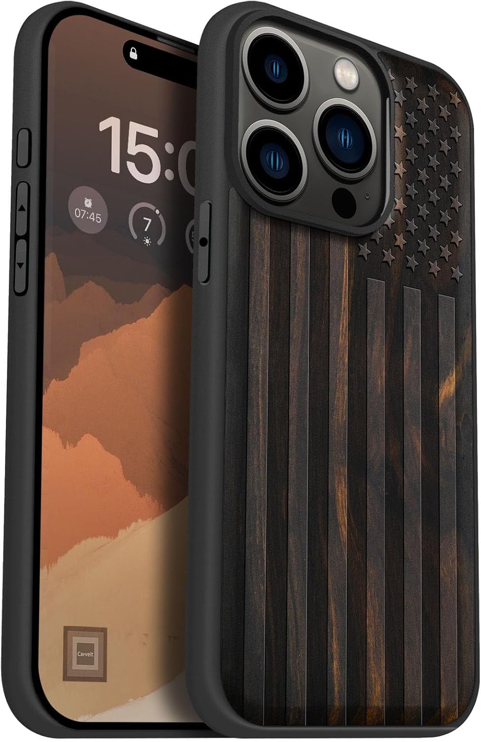 Carveit Magnetic Wooden Case for iPhone 15 Pro Case, Compatible with MagSafe Wireless Chargers, Black Soft TPU Shockproof Cover & Wood Artisan Engraved (American Flag) - Blackwood