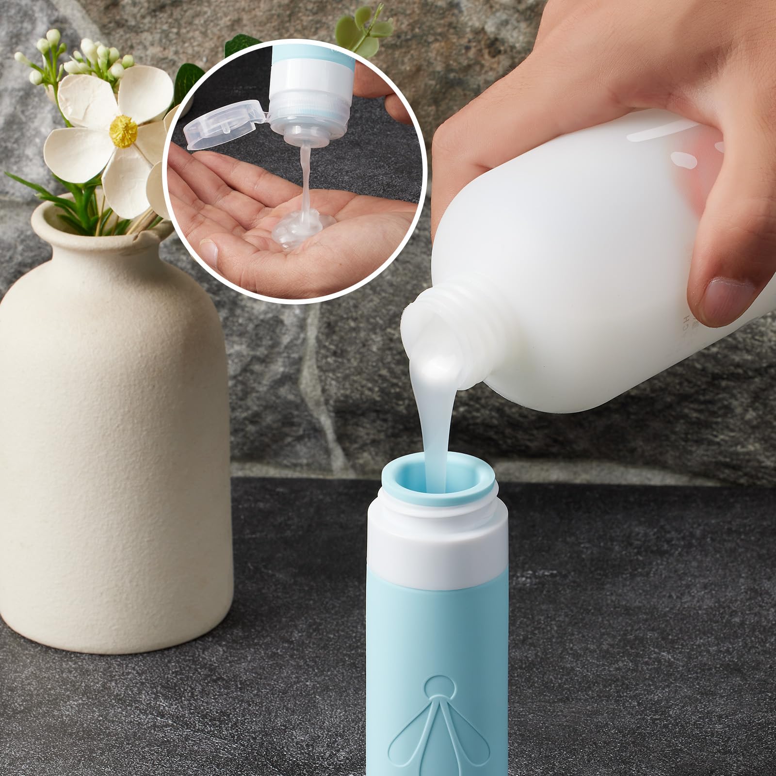 INSFIT 8 Pack Travel Bottles for Toiletries CAA Approved 90ML Silicone Bottles and 60ML Cosmetic Jars for Creams Leak Proof Travel Essentials for Shampoo Conditioner with Toiletry Bag - Image 3