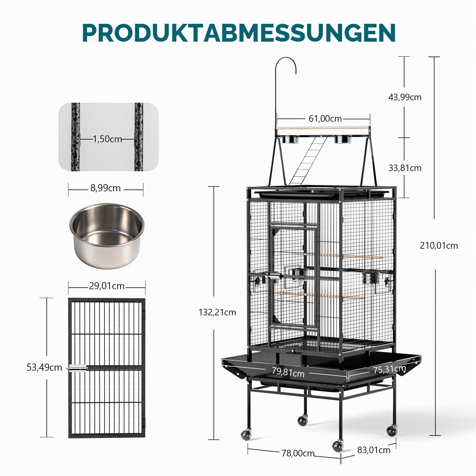 Vogelkäfig mit Spielplatz Oben, vogelkäfig groß mit 3 Holzstangen und 360° Rollen, Vogelvoliere mit 5 Futterstellen, 83 x 78 x 210 cm