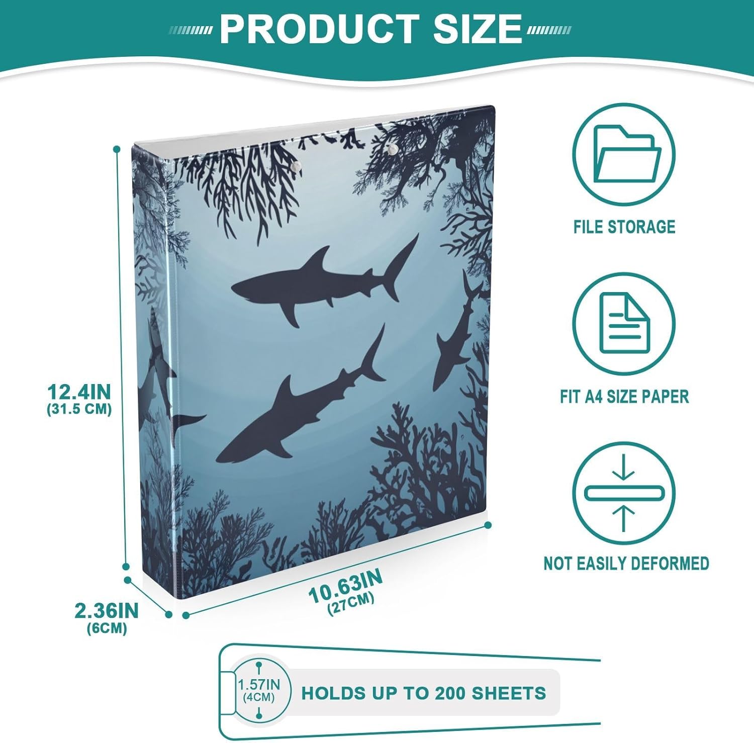 Swimming Sharks Ocean Animal 3 Ring Binder 1.5" Decorative D-Ring Binder with Clipboard&3 Clear Pockets, Holds 200 Sheets A4 Size Paper Waterproof Binders for School Home Office