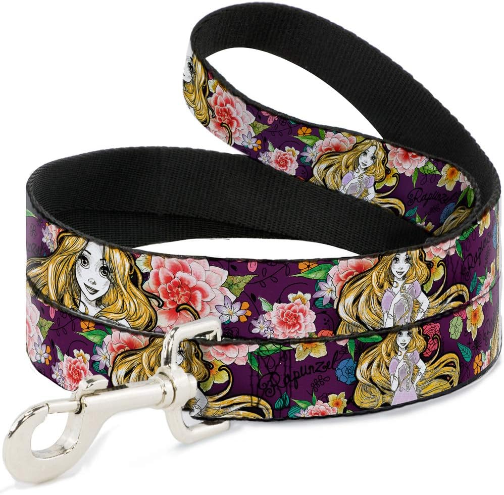 Buckle-Down Pet Leash - Rapunzel Poses/Floral Collage Sketch Purple - 6 Feet Long - 1" Wide