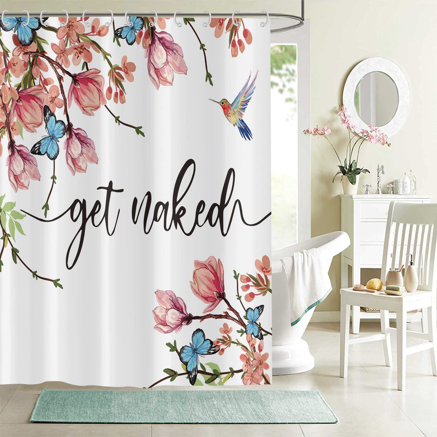 Tenda da doccia Fiori Colibrì 180x240, Fiori colorati Uccello carino