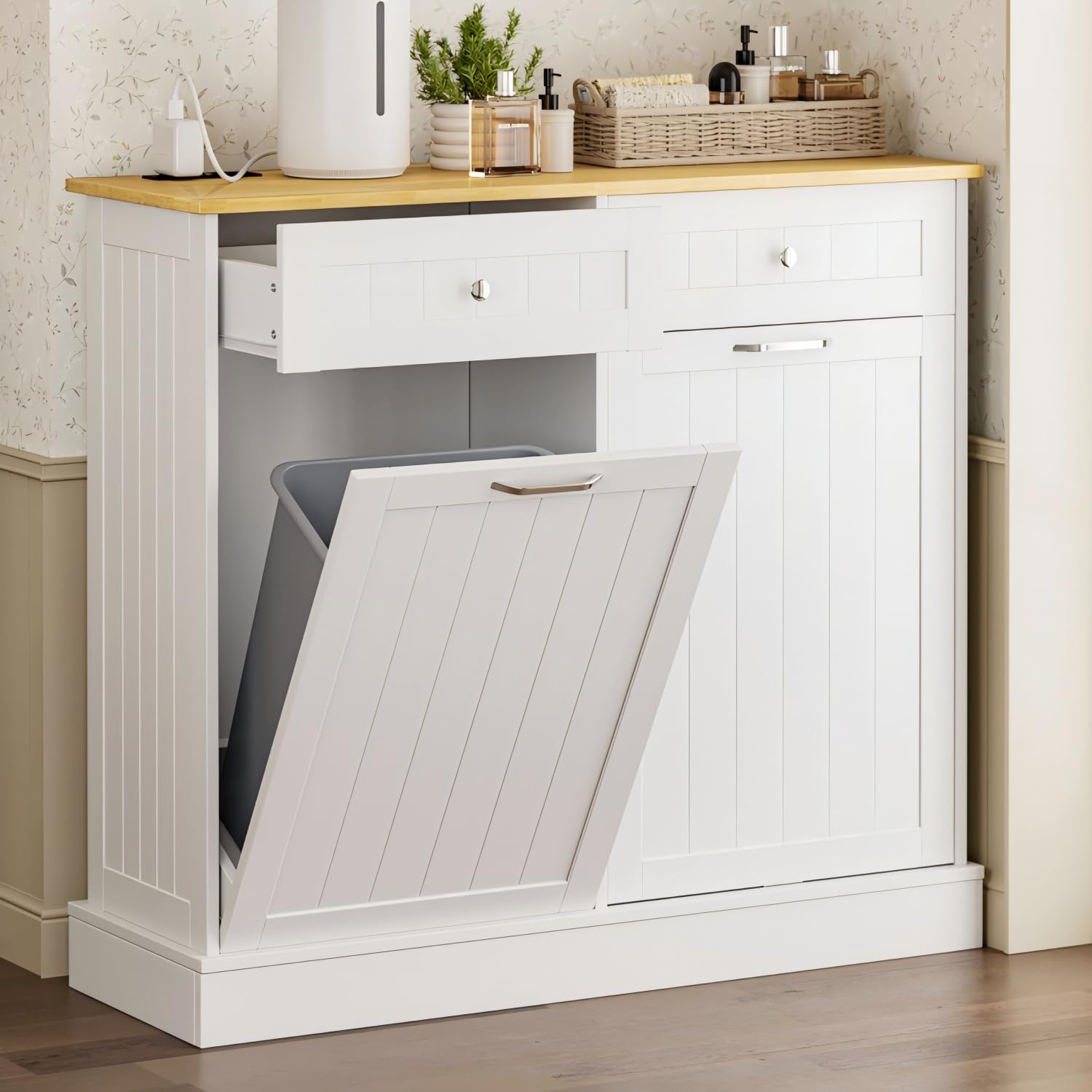 GAZHOME 20 Gallon Double Tilt Out Wooden Trash Cabinet with Charging Station, Upgrade Free Standing Recycling Cabinet with Outlet,White