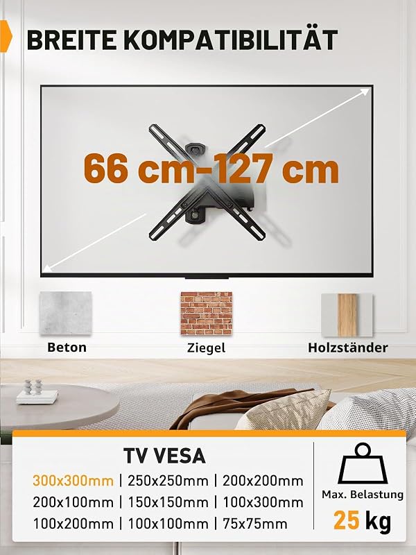 Suport TV de perete Perlegear, rotativ și înclinabil, pentru ecrane plate și curbate de 26-50 inchi, max. 25 kg, VESA 300x300