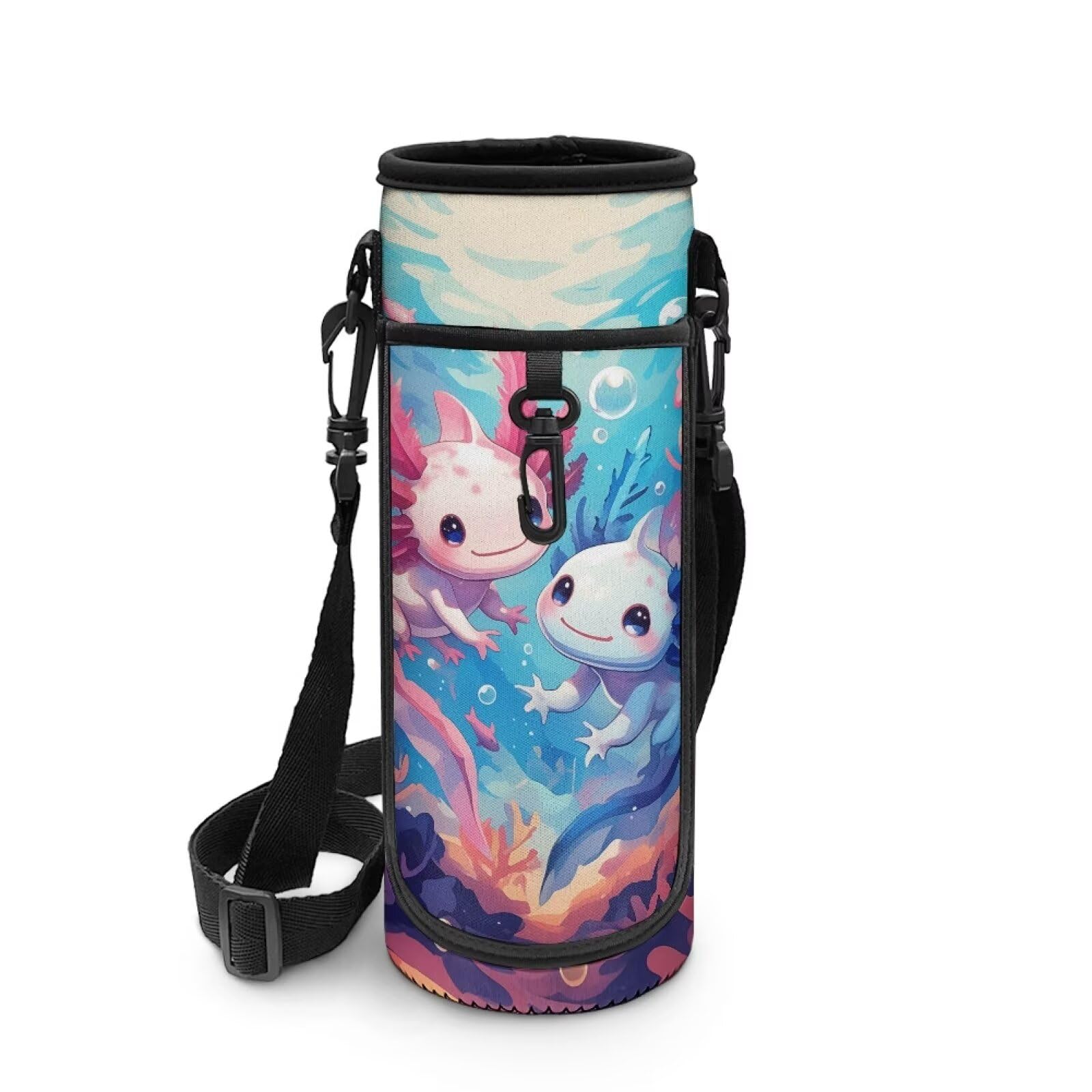 POLERO Axolotl Water Bottle Holder for Girls Water Bottle Carrier Adjustable Shoulder Strap Pocket Cute Neoprene Sleeve
