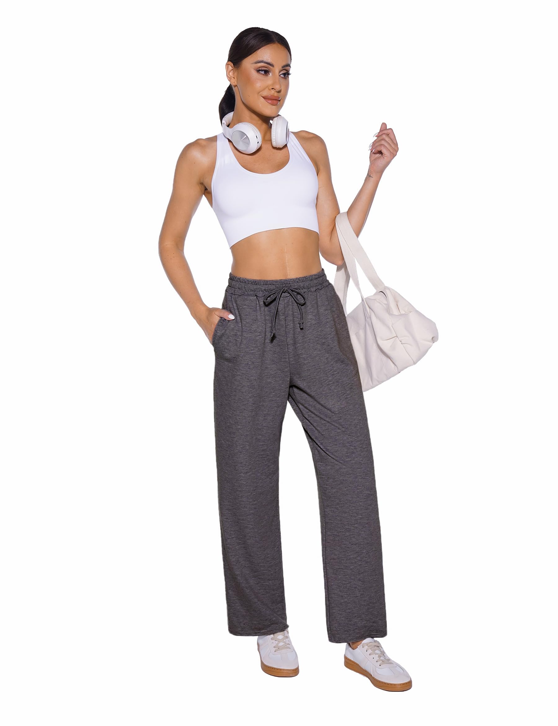 Demegimi Pantaloni Sportivi Donna a Vita Alta con Tasche Pantaloni della Tuta Donna in Cotone a Gamba Larga Pantaloni Jogger Leggeri con Coulisse per Jogging Fitness Sport Yoga