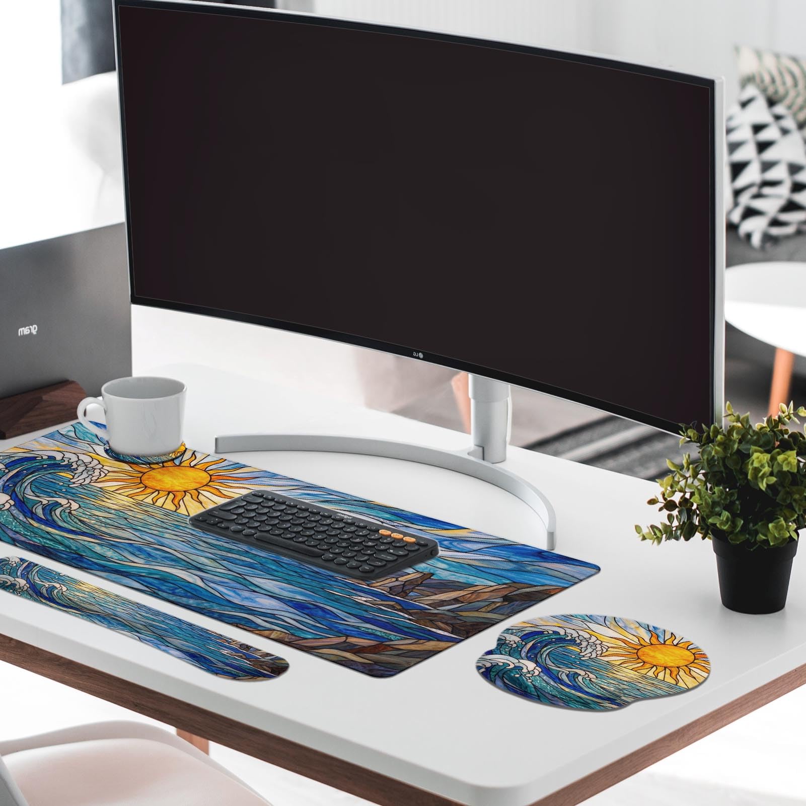 Britimes Blue Ocean Ensemble de tapis de souris 4 en 1 avec grand tapis de souris + repose-poignet pour clavier + repose-poignet + dessous de verre Design ergonomique pour ordinateur de bureau à