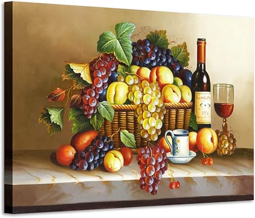 Arte de pared de vino de uva pintura de vino tinto y frutas sobre lienzo para pared (36 pulgadas de ancho x 24 pulgadas de alto, varios tamaños)