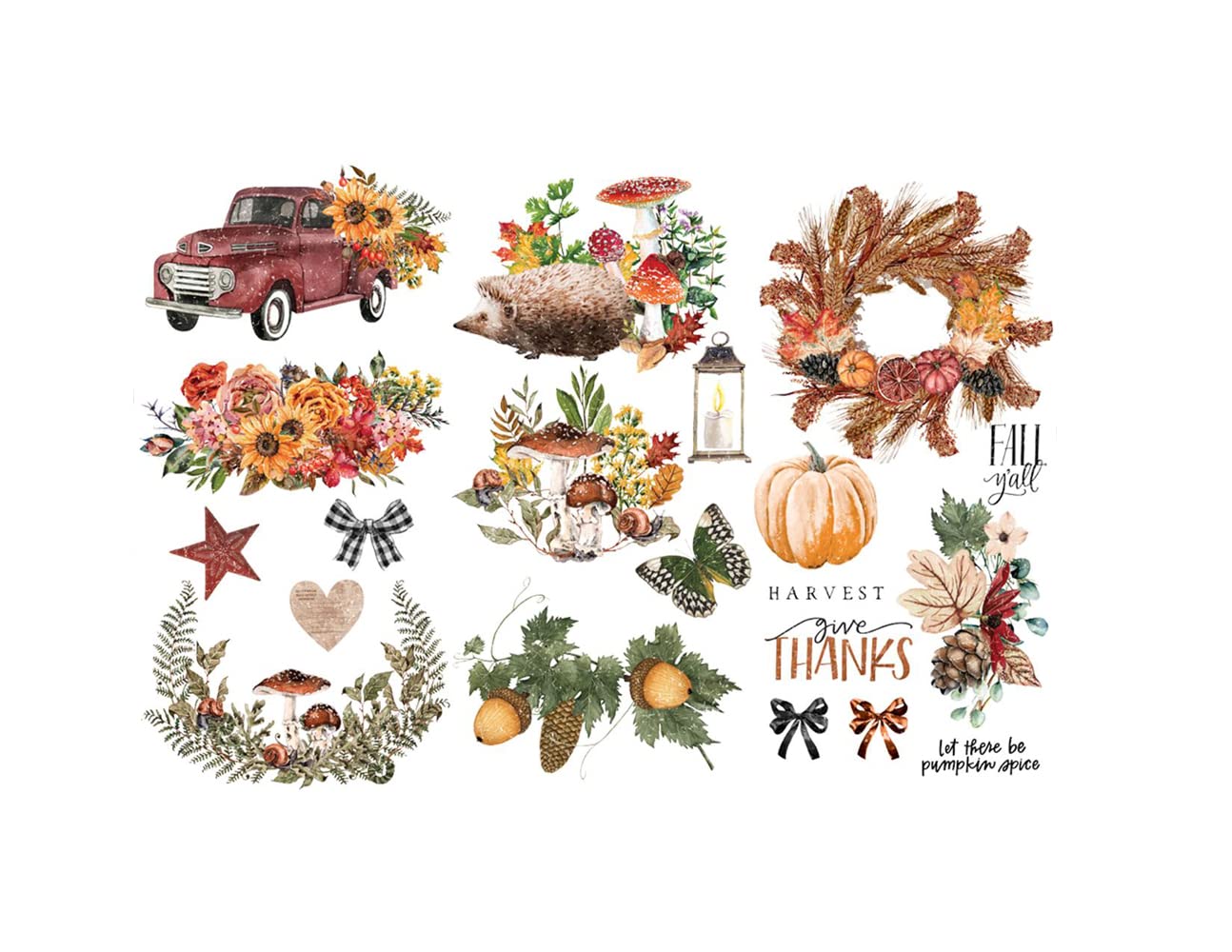 Redesign with Prima - Autumn Essentials Small Transfers 6"x12" 3 Sheets Rub on Transfers for Furniture Vintage Rub on Transfers Stickers for Crafts