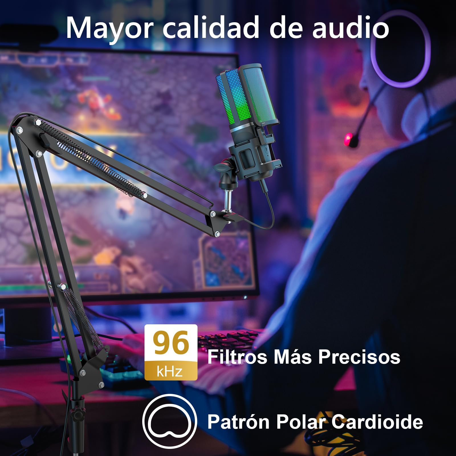 zealsound Gaming micrófonos USB, micrófono Condensador RGB, micrófono PC, Soporte con Brazo, cardioide, Silencio, Youtube/Zoom, transmisión en Vivo, en línea, Android/Windows/macOS/para PS 4&5
