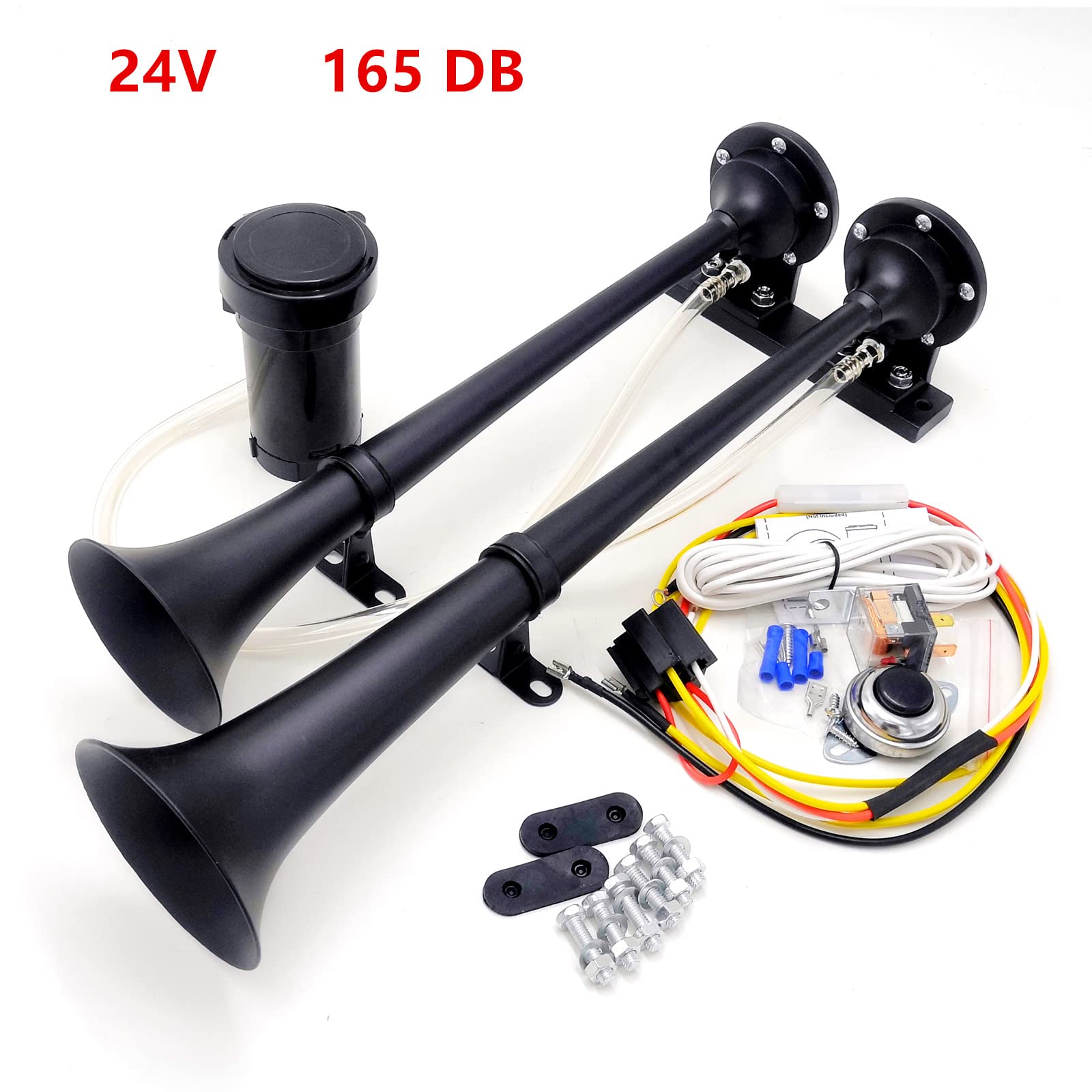 Bocina de aire para automóvil 24V 165DB Bocina de aire Car Horn 45cm Cromado Zinc Trompeta doble bocina de aire para camión negra con compresor Altavoz alto y bajo para 24V tren barco coche etc